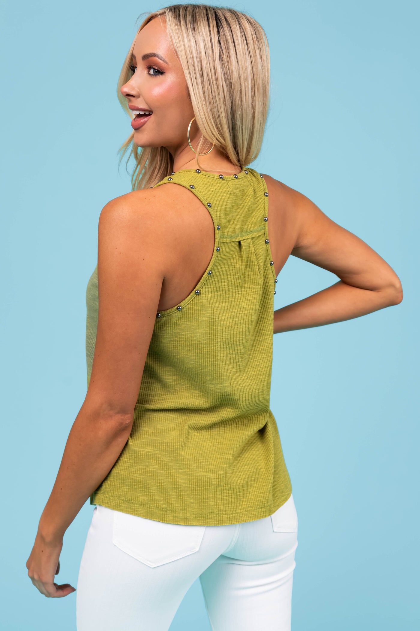 Olive Mineral Washed Studded Detail Tank Top