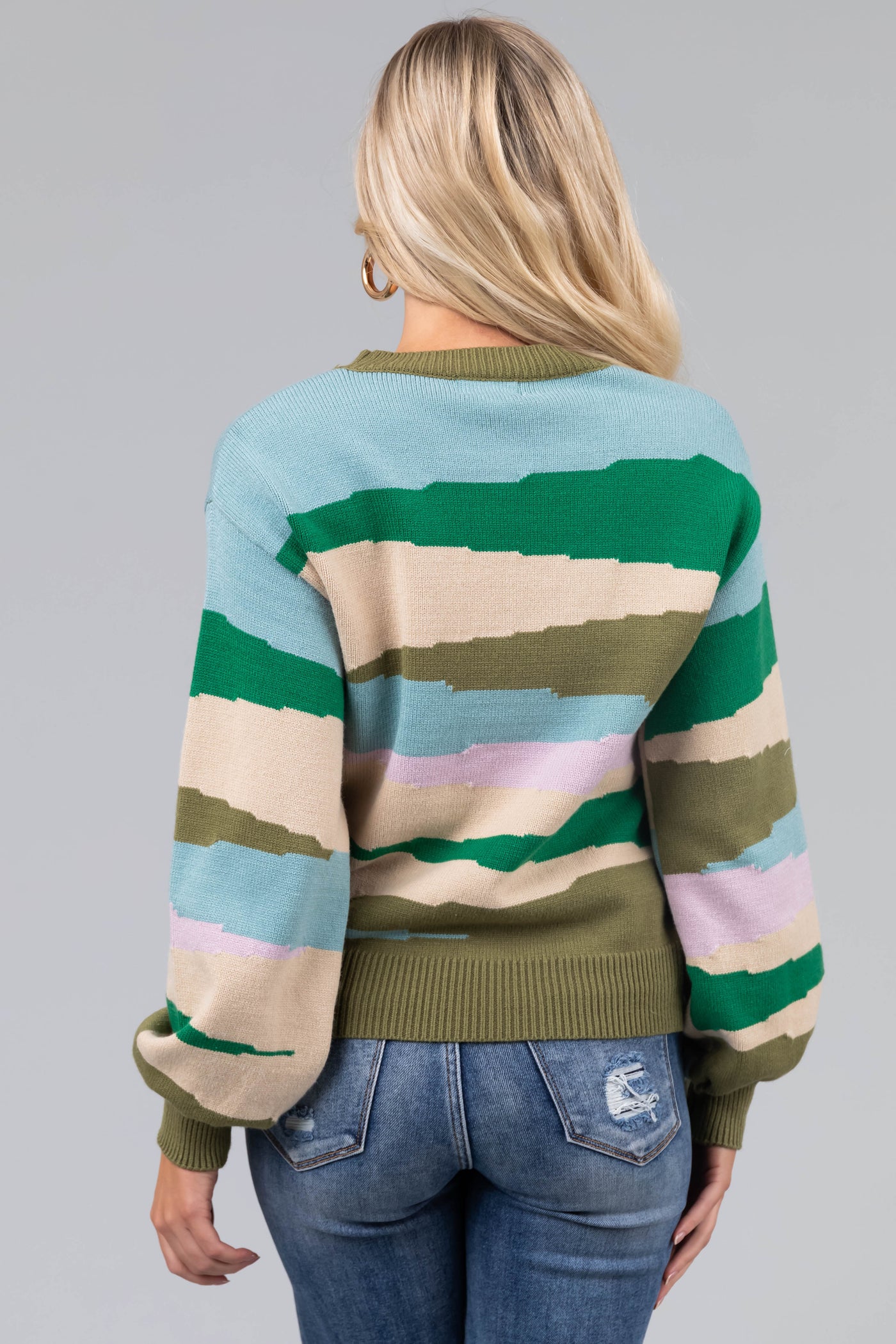 Olive Multicolor Printed Balloon Sleeve Sweater