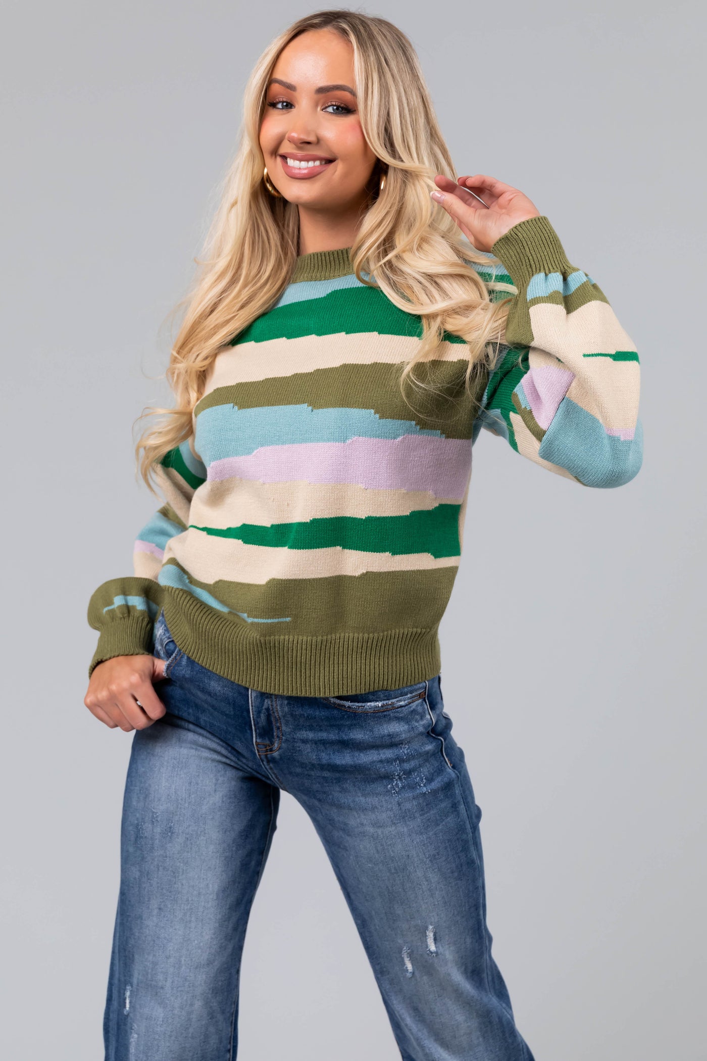 Olive Multicolor Printed Balloon Sleeve Sweater