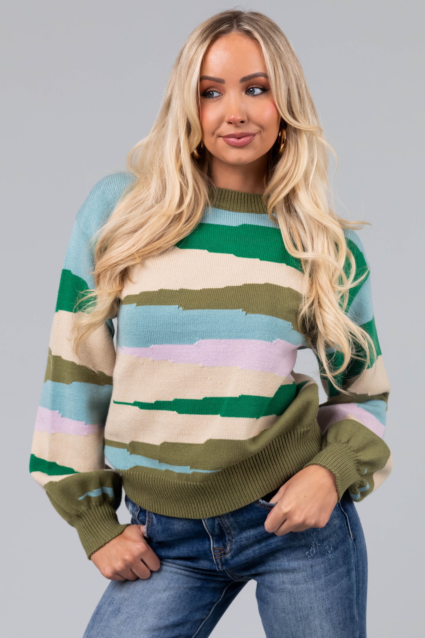 Olive Multicolor Printed Balloon Sleeve Sweater