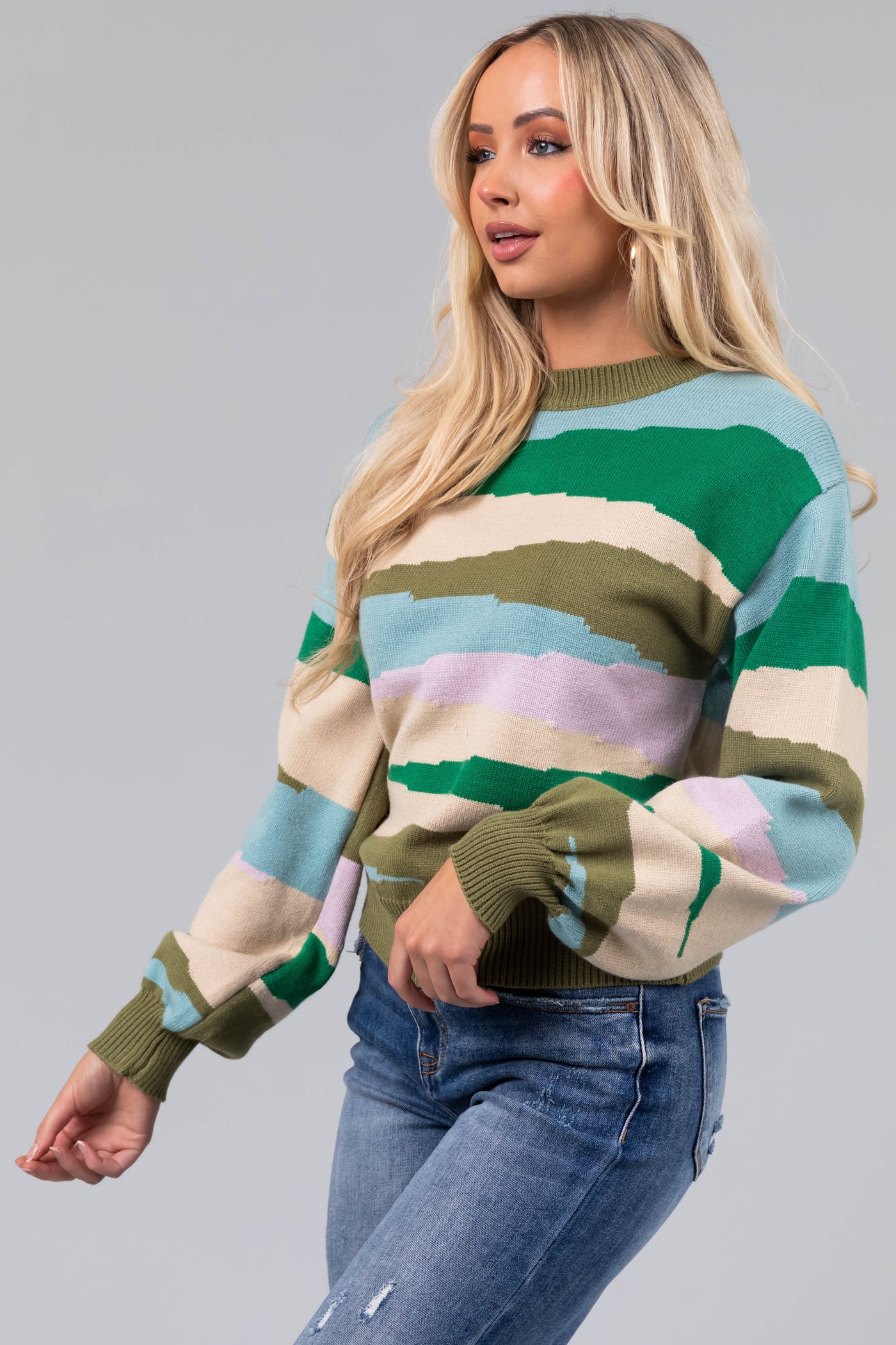 Olive Multicolor Printed Balloon Sleeve Sweater
