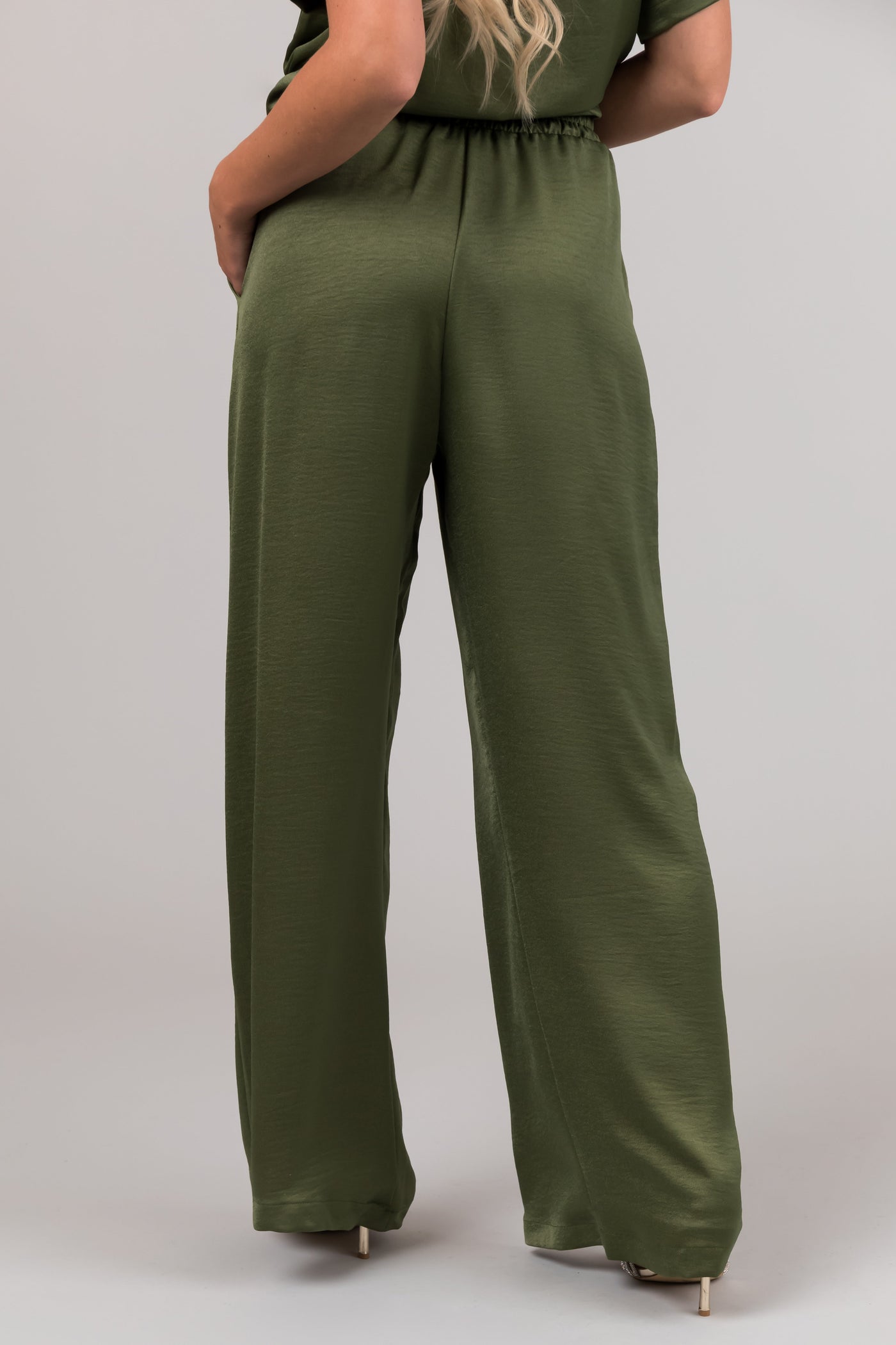 Olive Satin Blouse and Wide Leg Pants Set