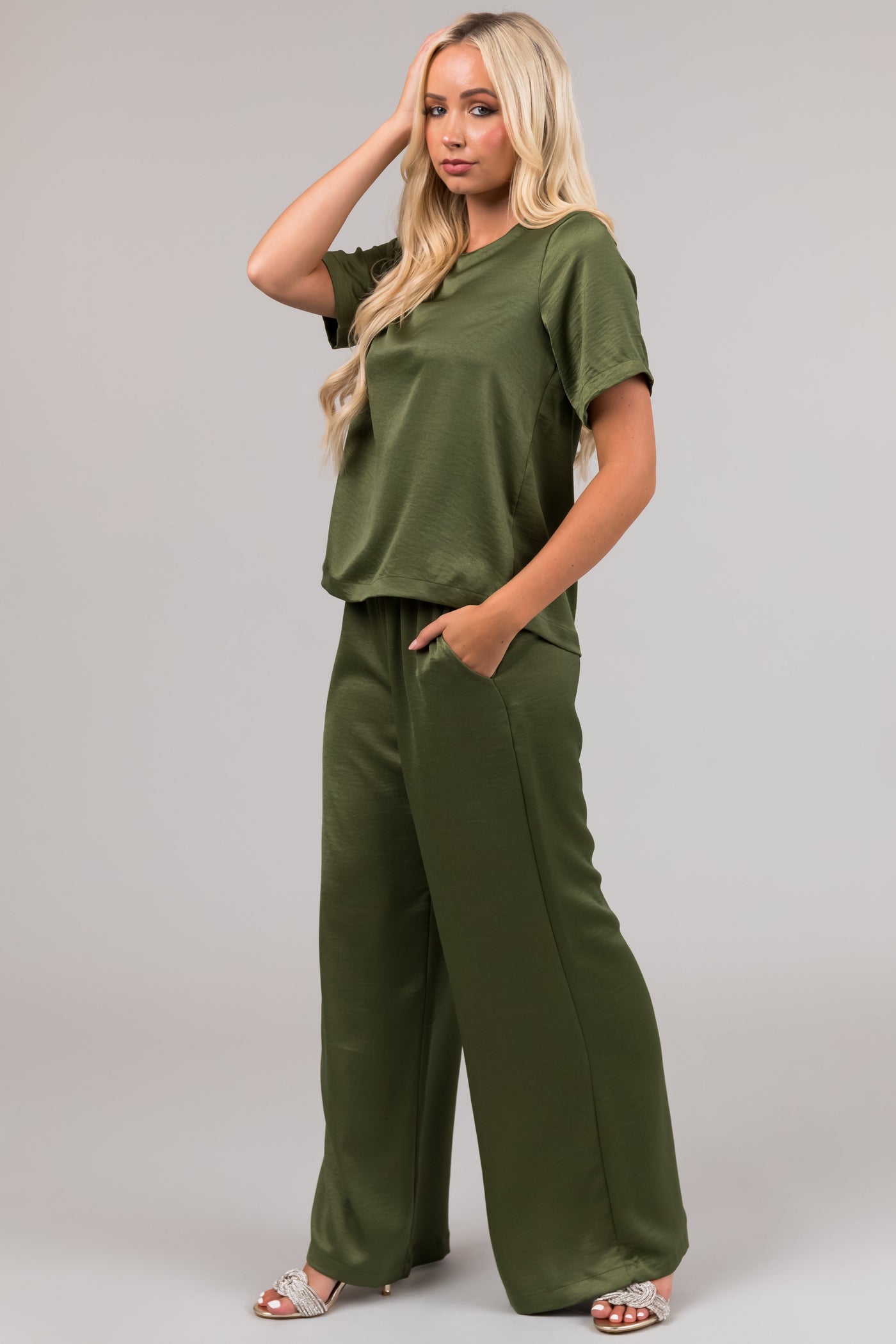 Olive Satin Blouse and Wide Leg Pants Set