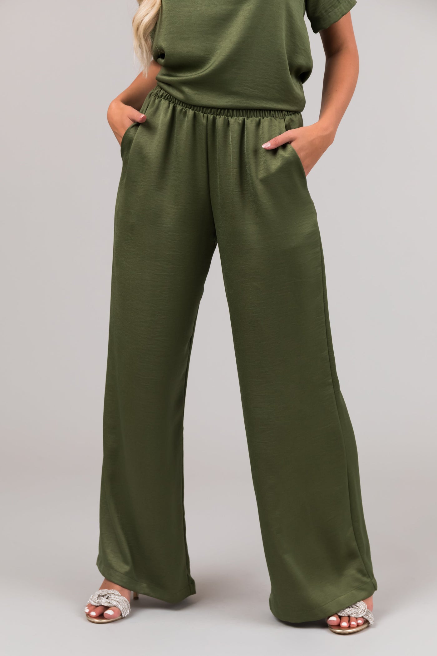 Olive Satin Blouse and Wide Leg Pants Set