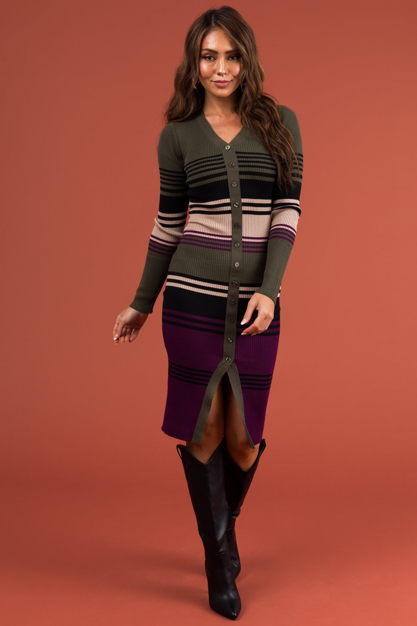 Olive Striped Ribbed Knit Button Midi Dress