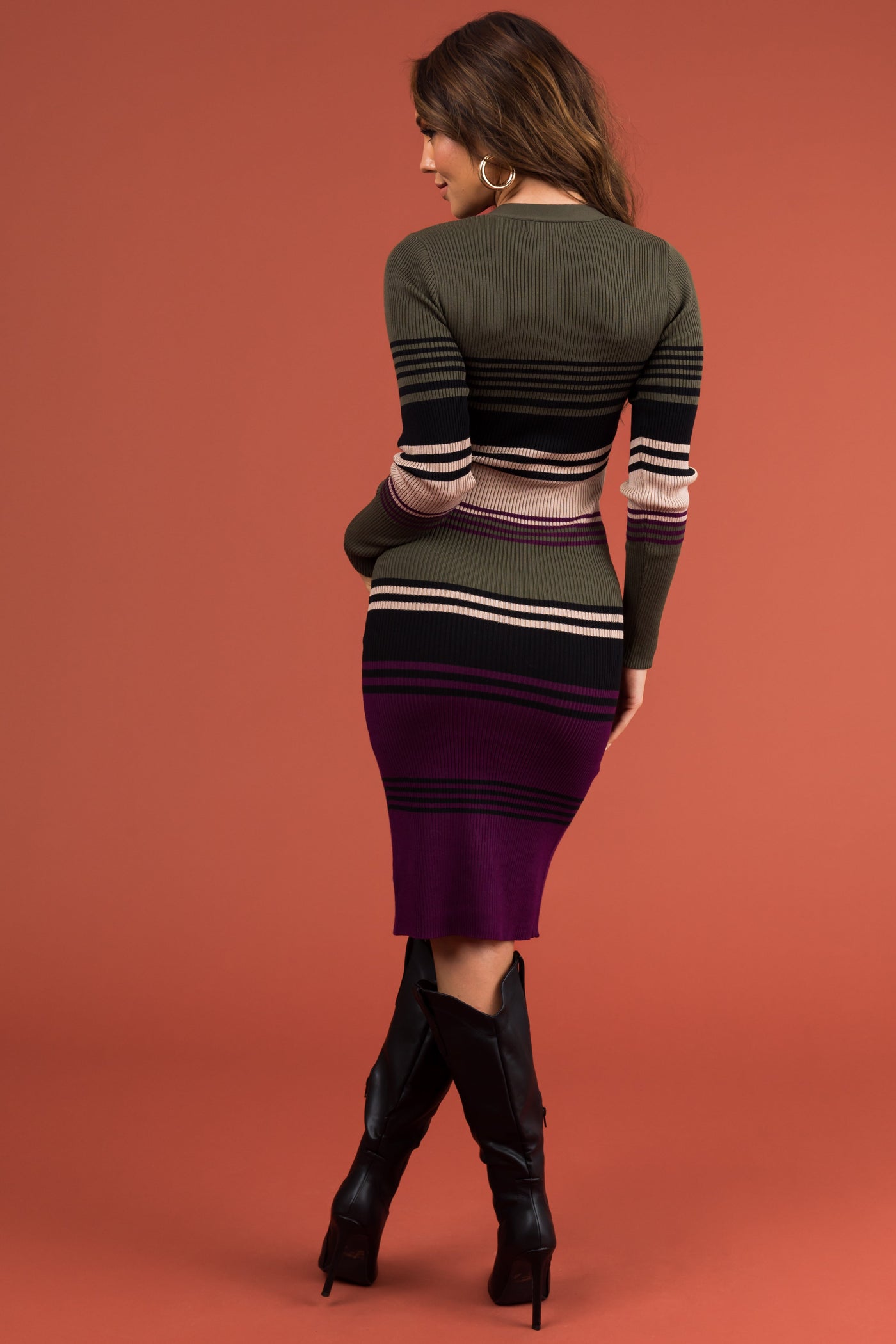 Olive Striped Ribbed Knit Button Midi Dress