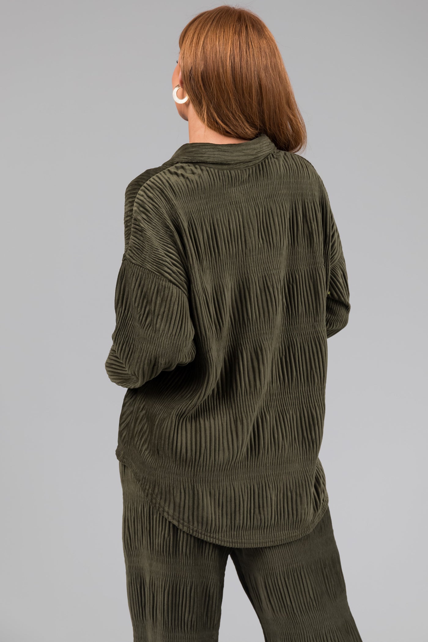 Olive Super Soft Crinkle Velvet Button Top