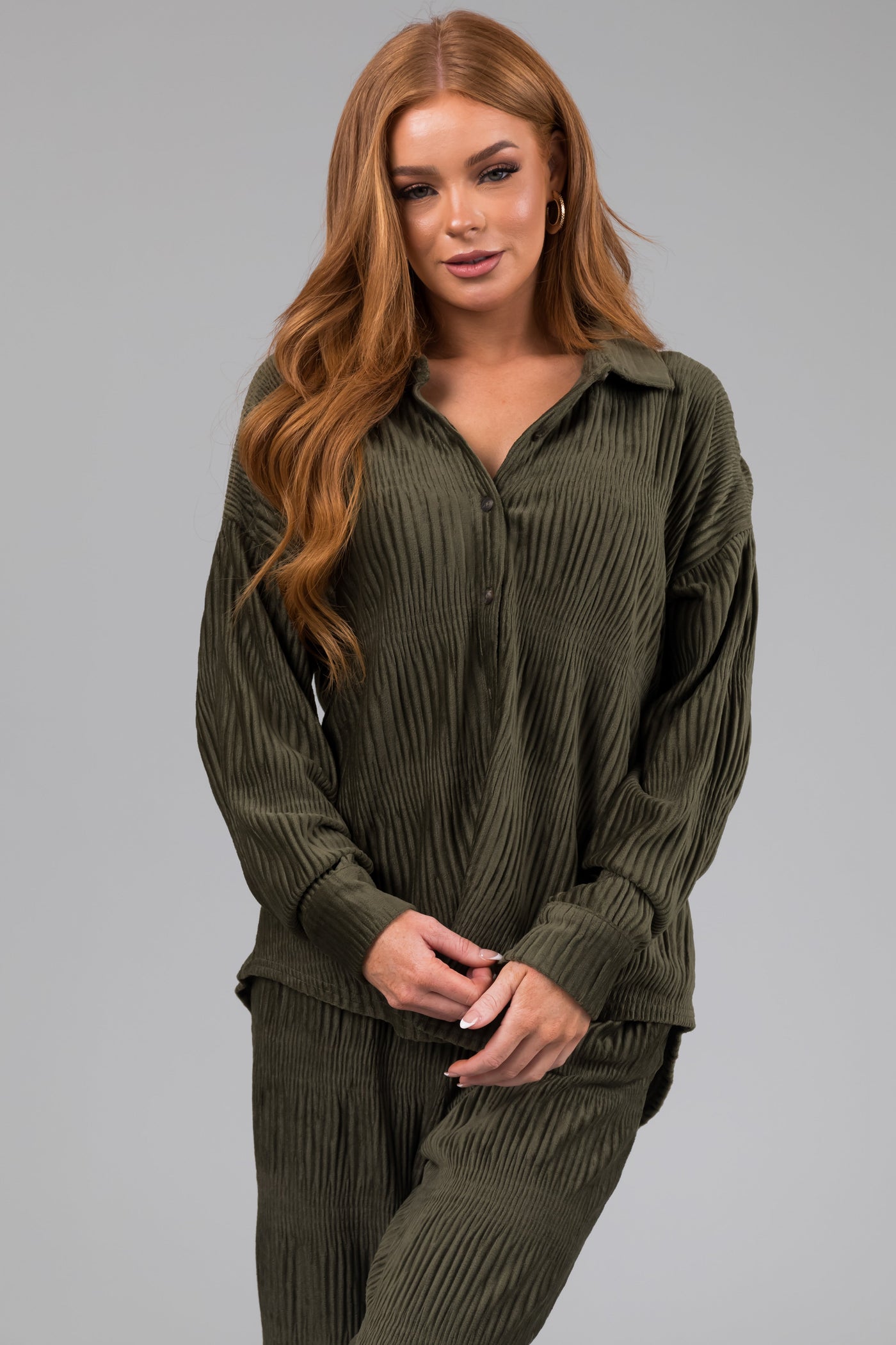 Olive Super Soft Crinkle Velvet Button Top