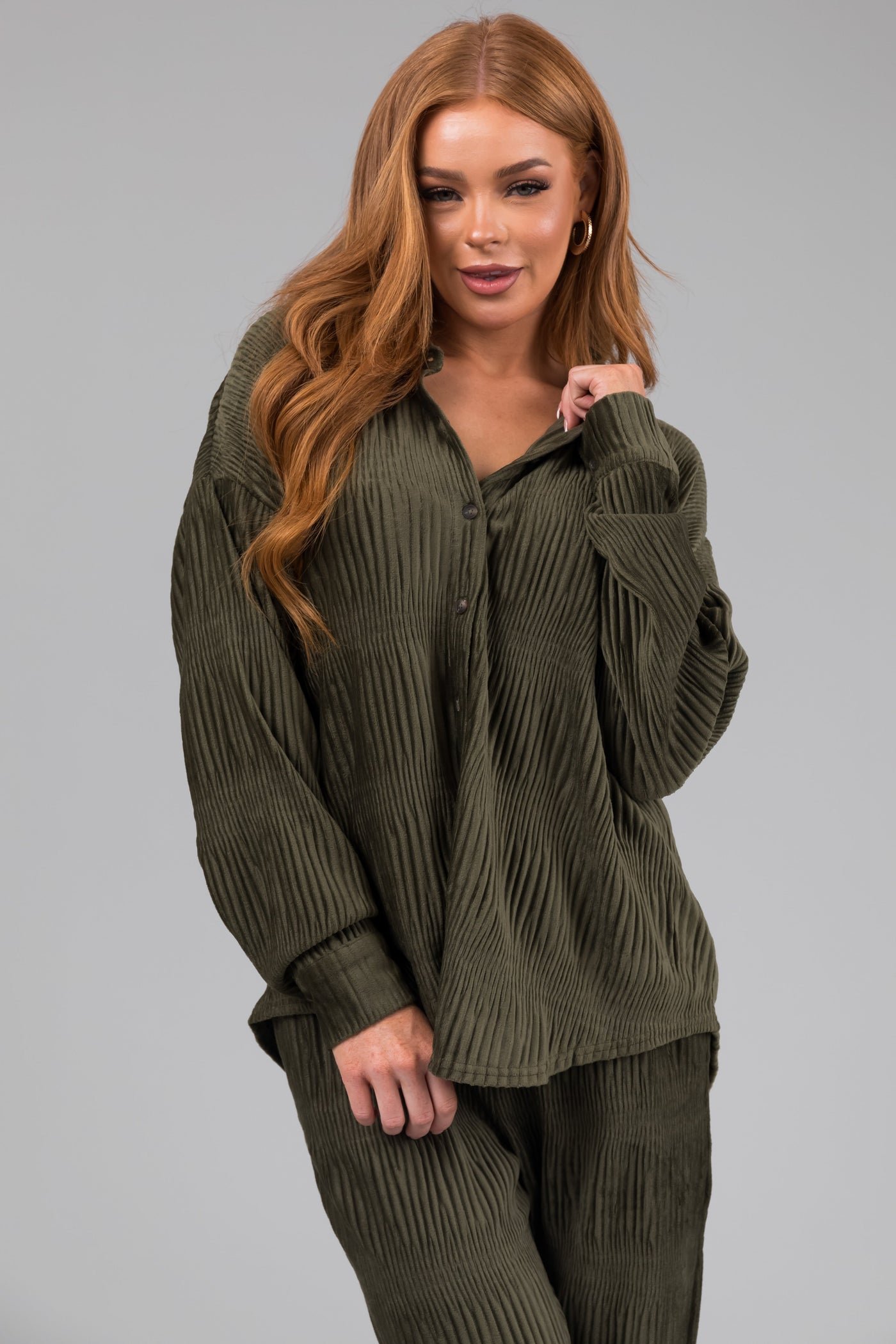 Olive Super Soft Crinkle Velvet Button Top