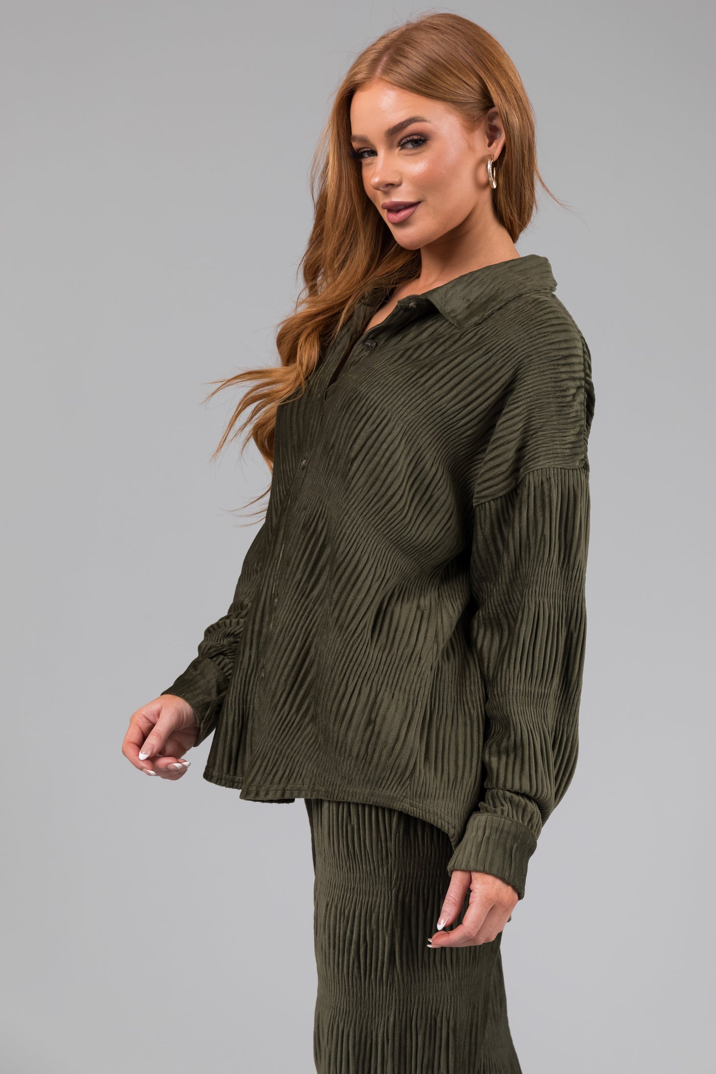 Olive Super Soft Crinkle Velvet Button Top