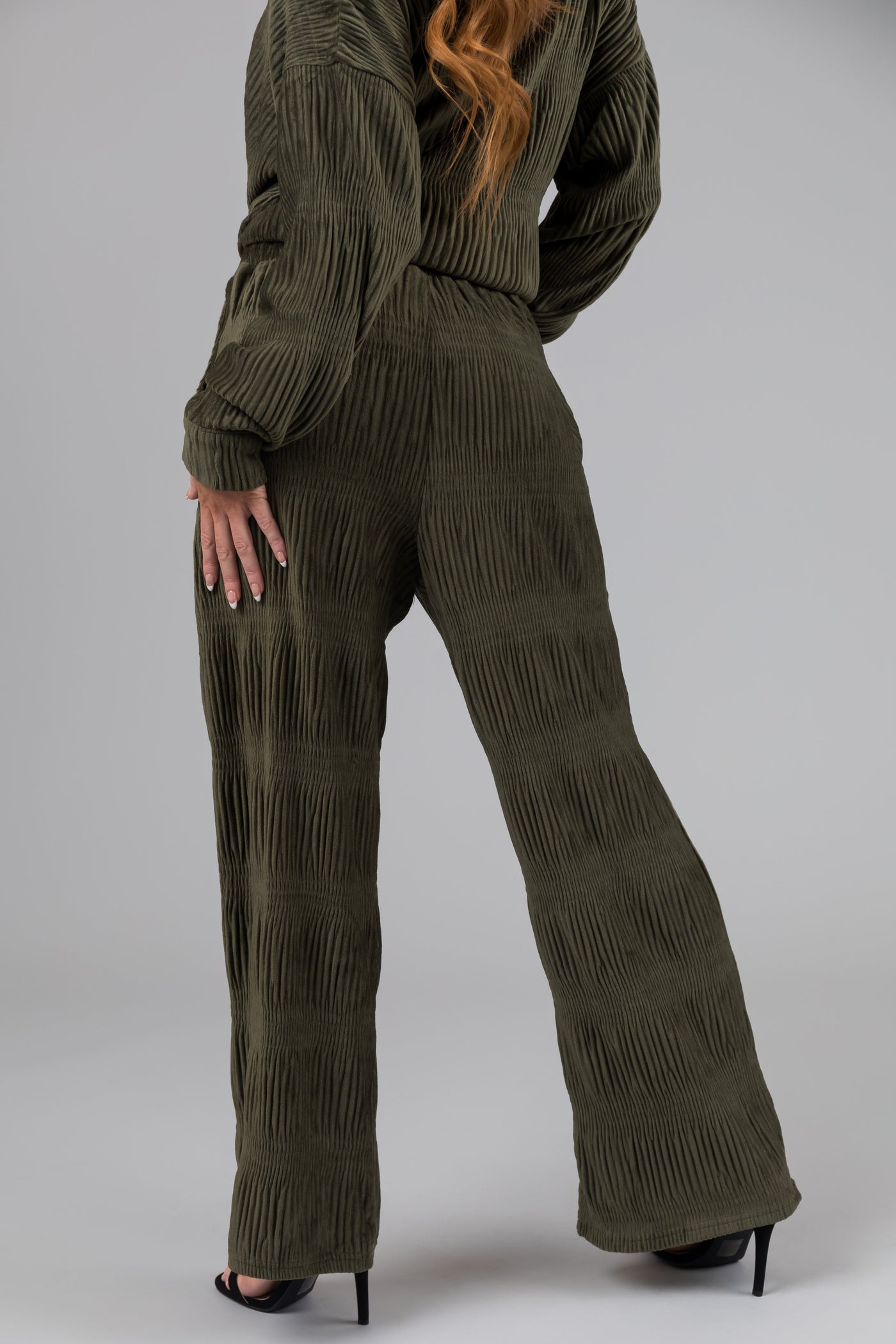 Olive Super Soft Crinkle Velvet Wide Pants