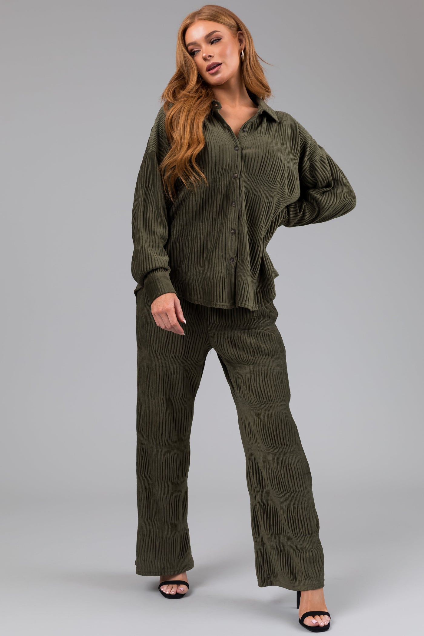 Olive Super Soft Crinkle Velvet Wide Pants