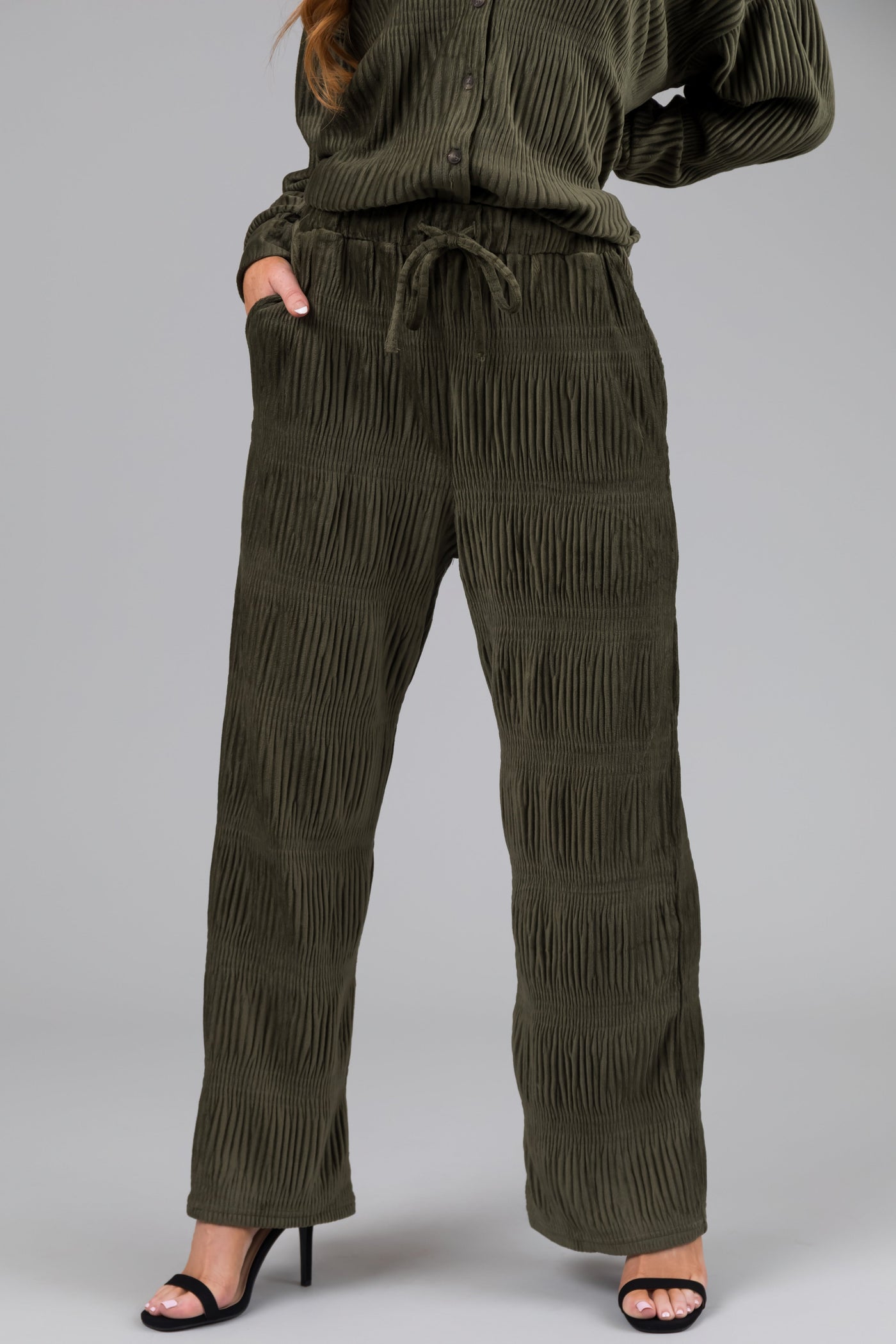 Olive Super Soft Crinkle Velvet Wide Pants