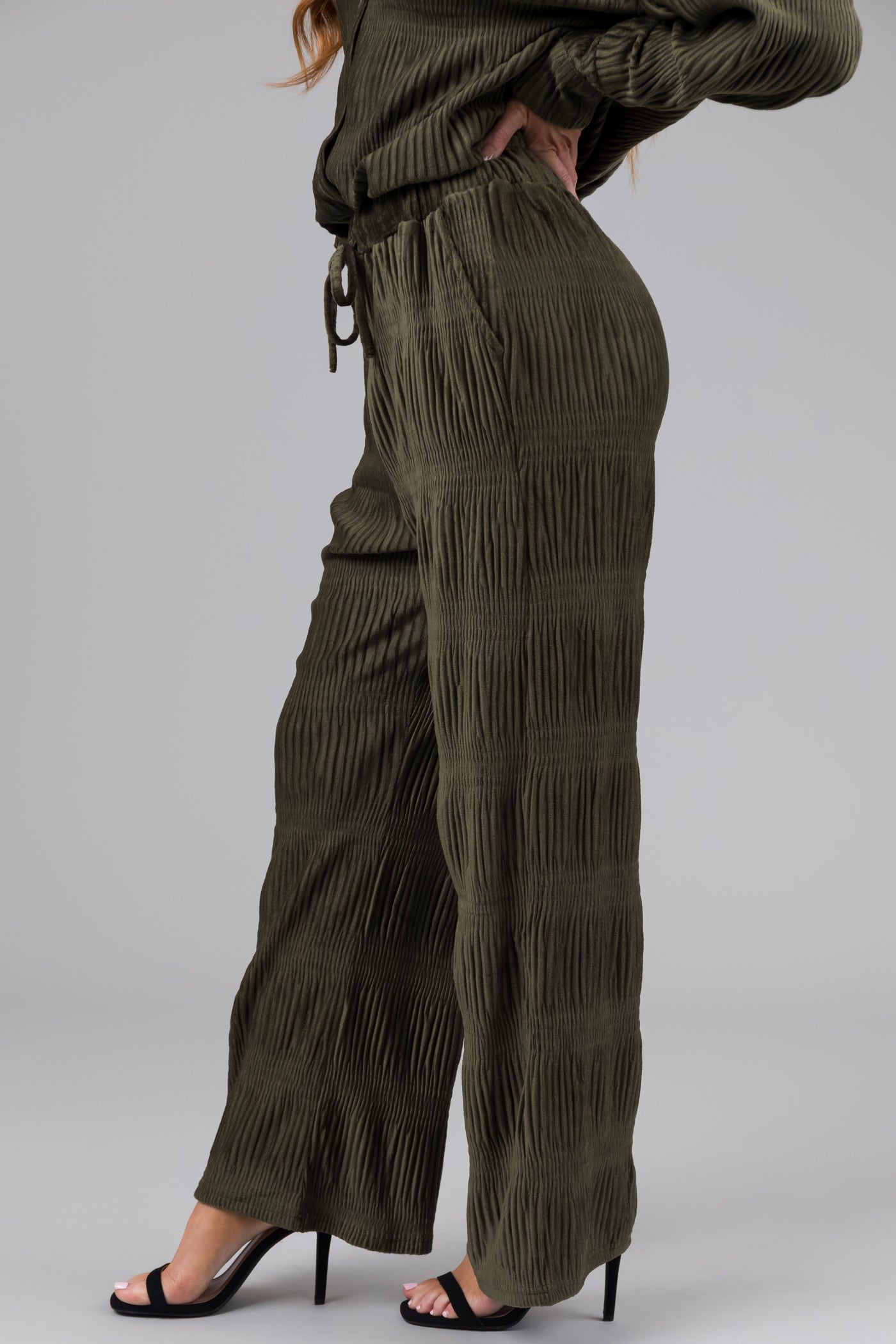 Olive Super Soft Crinkle Velvet Wide Pants