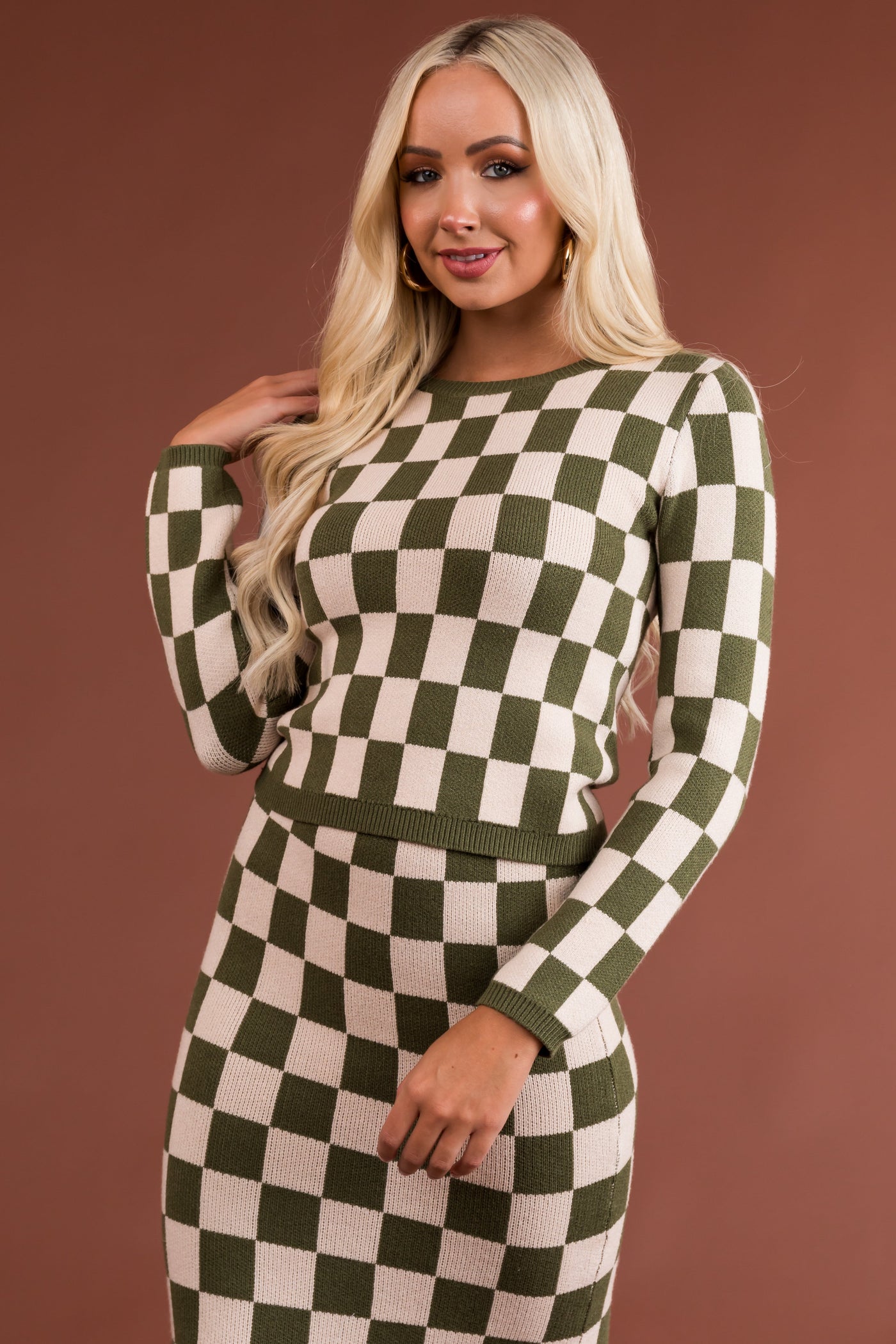 Olive and Champagne Checkered Knit Sweater