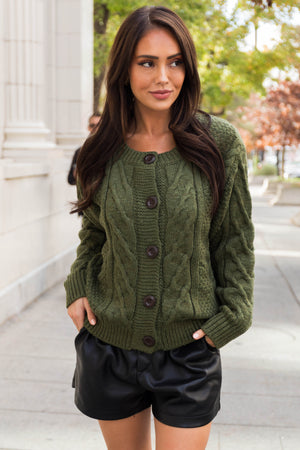 Olive Thick Cable Knit Button Cardigan