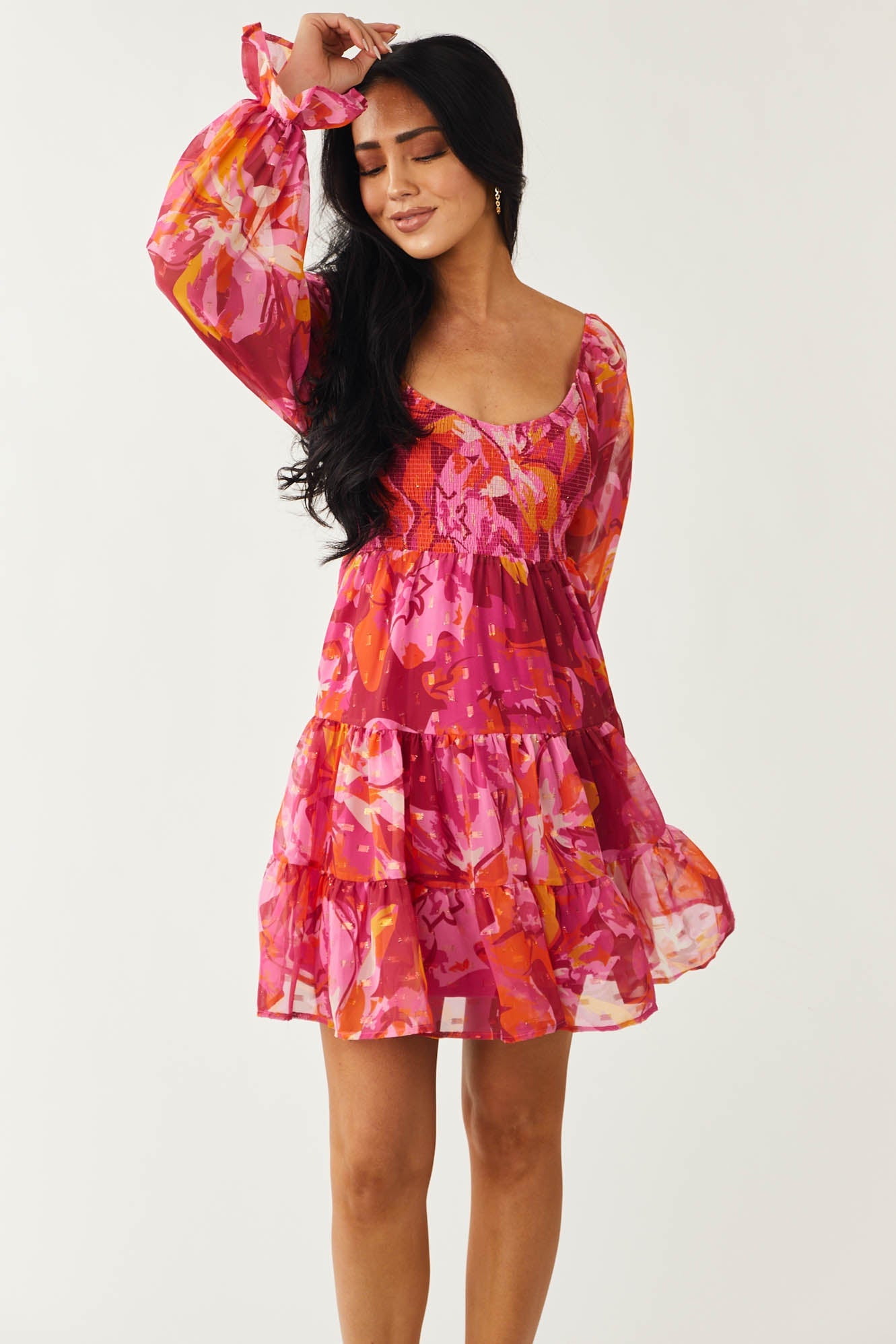 Orchid Abstract Print Peasant Sleeve Mini Dress
