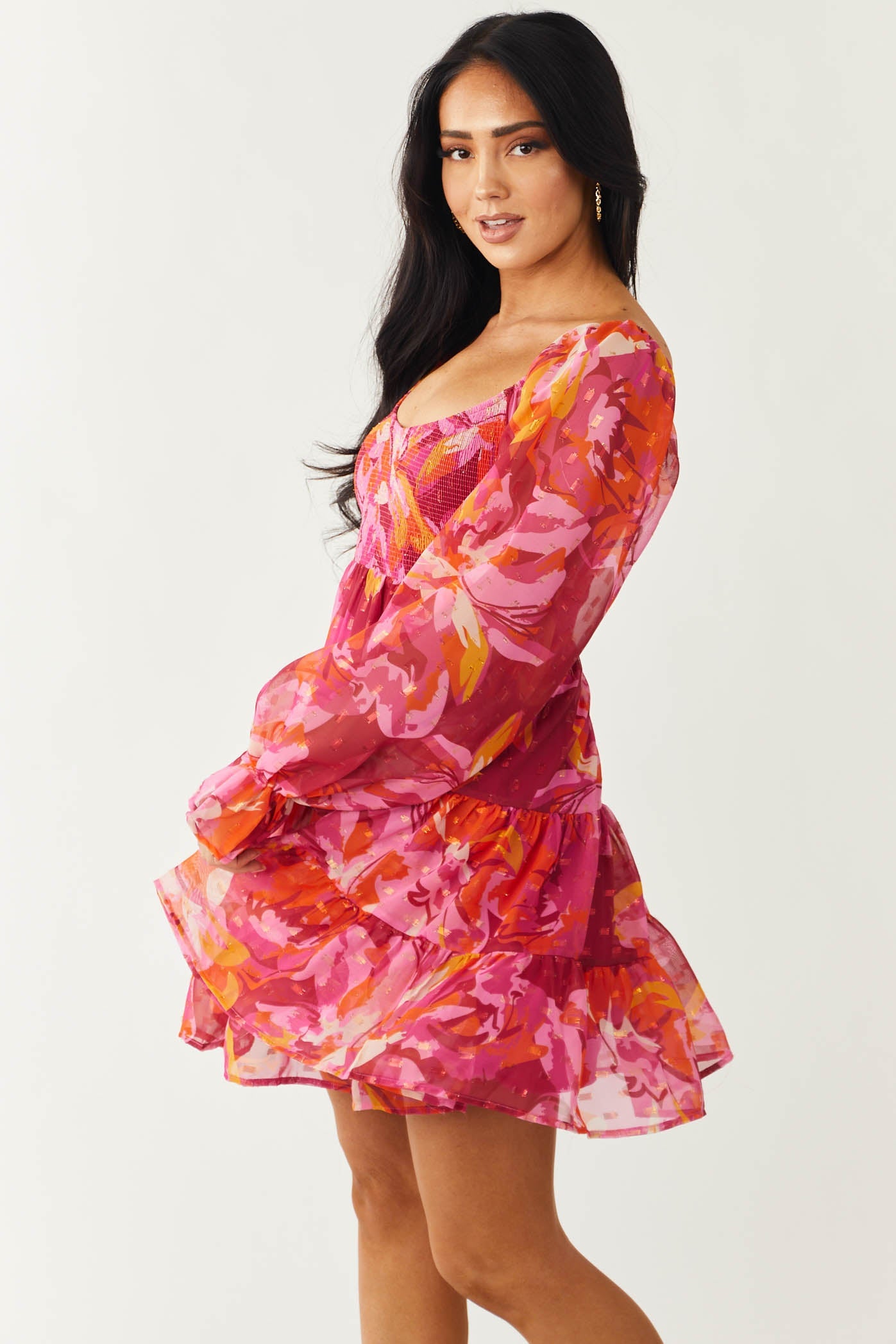 Orchid Abstract Print Peasant Sleeve Mini Dress