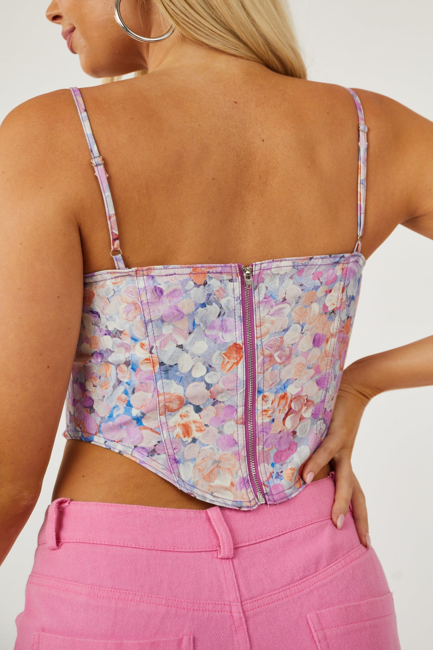 Orchid Floral Square Neckline Corset Crop Top