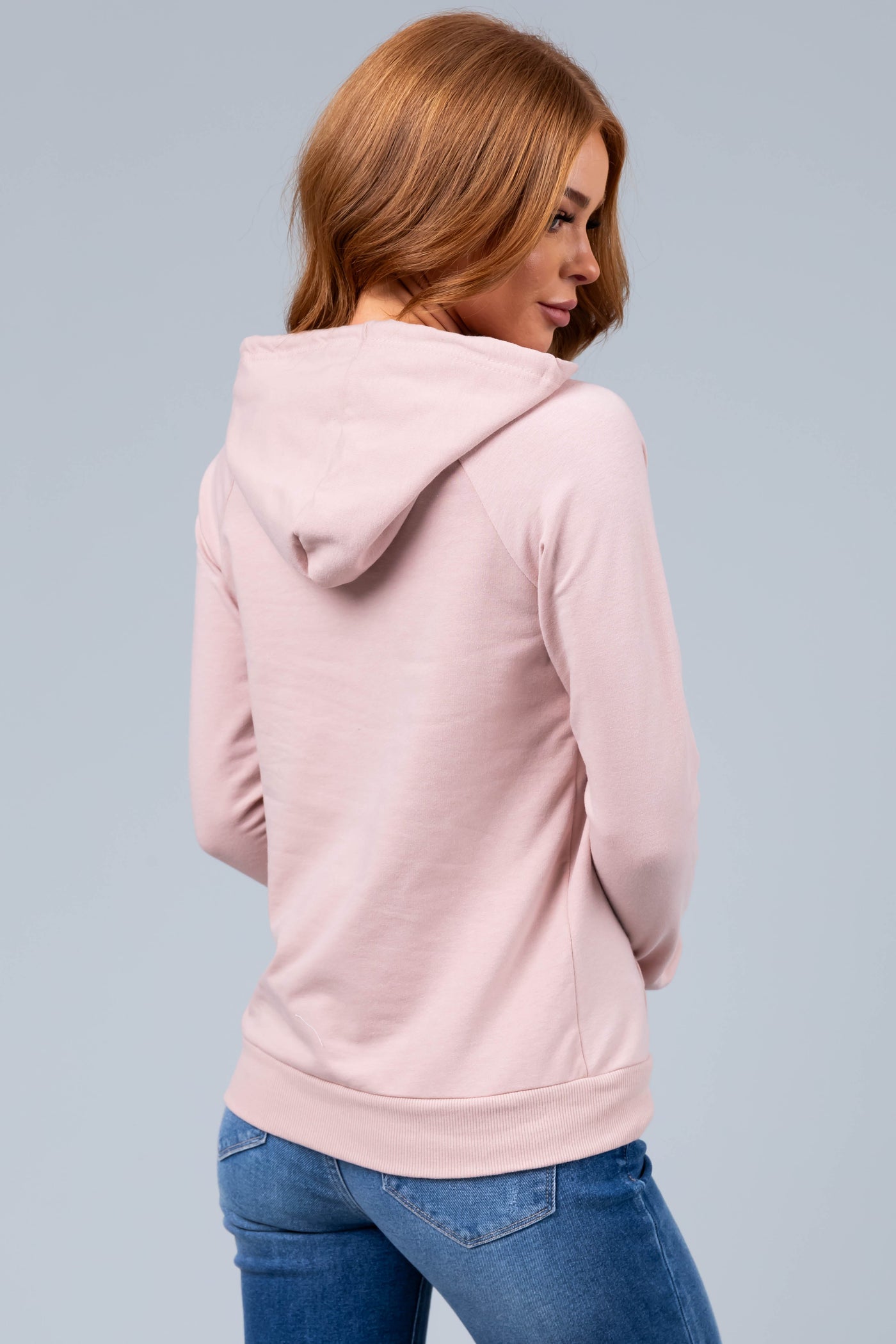 Pale Pink French Terry Lightweight Drawstring Hoodie