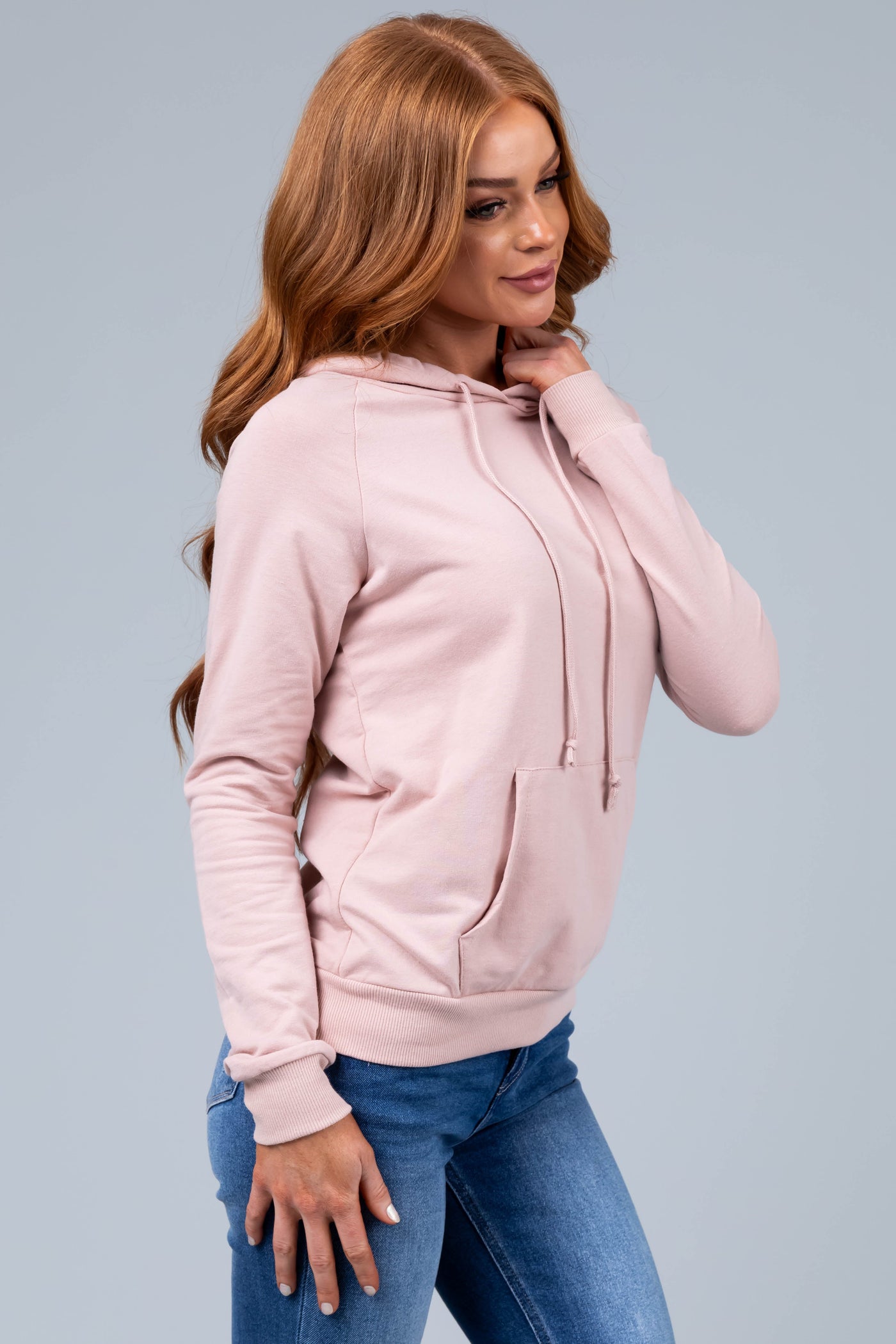 Pale Pink French Terry Lightweight Drawstring Hoodie