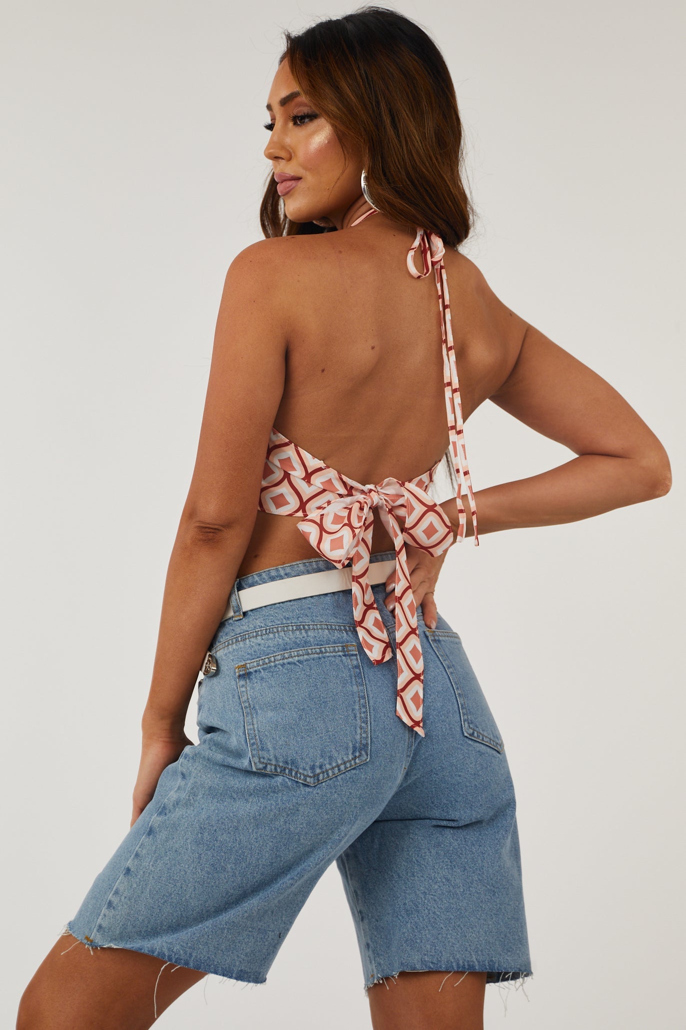 Peach Abstract Print Halter Sleeveless Top