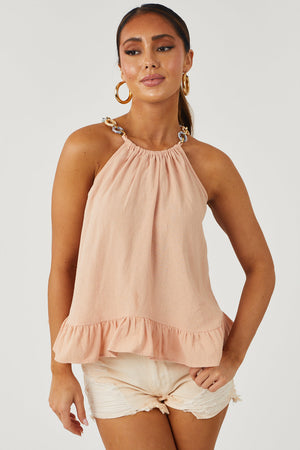Peach Chain Embellished Halter Neck Tank Top