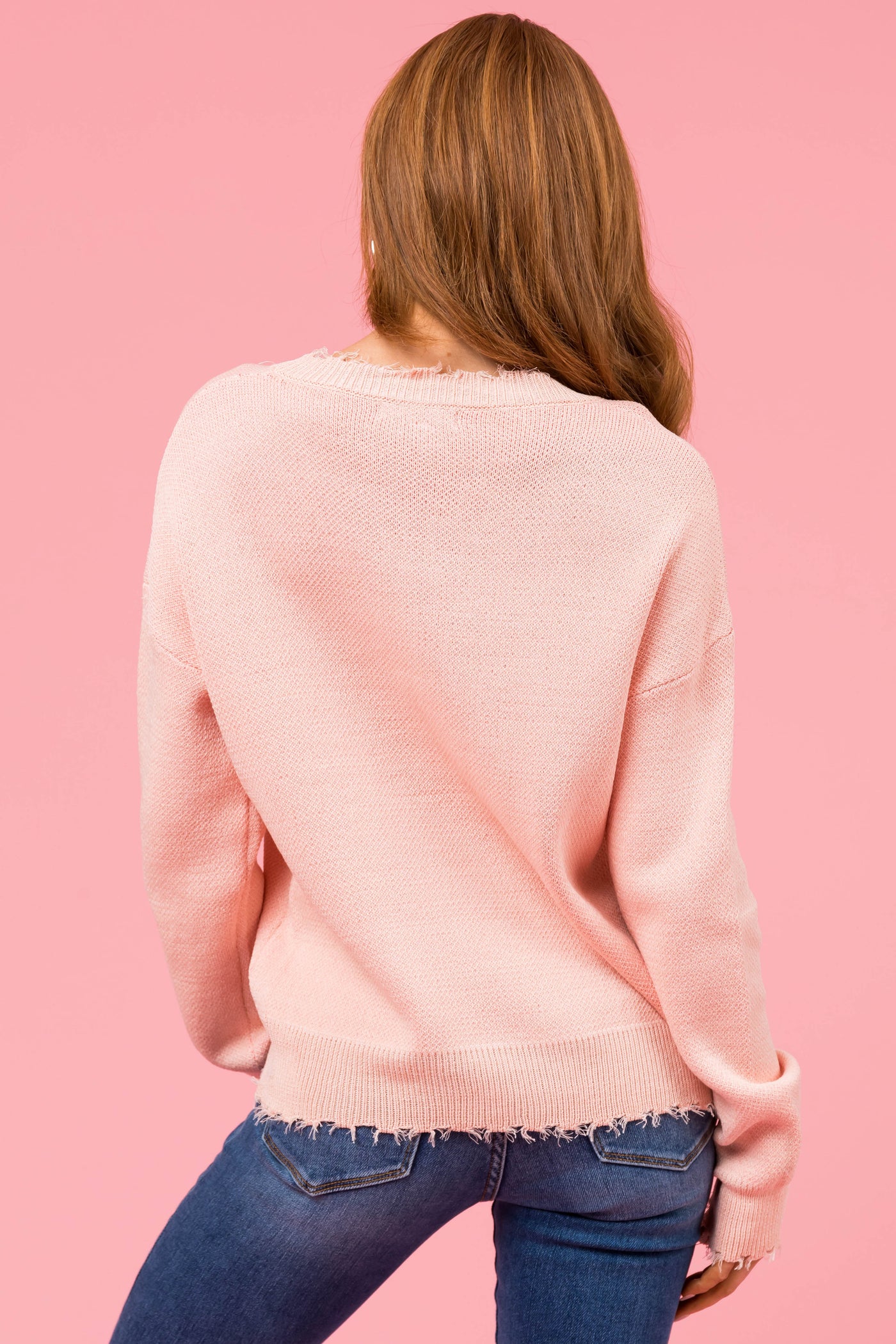 Peach Heart Eyes Distressed Hem Knit Sweater