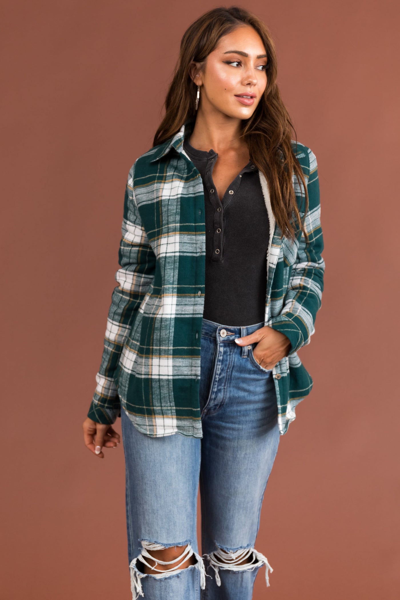 Pine Green Plaid Faux Fur Lined Shirt Jacket