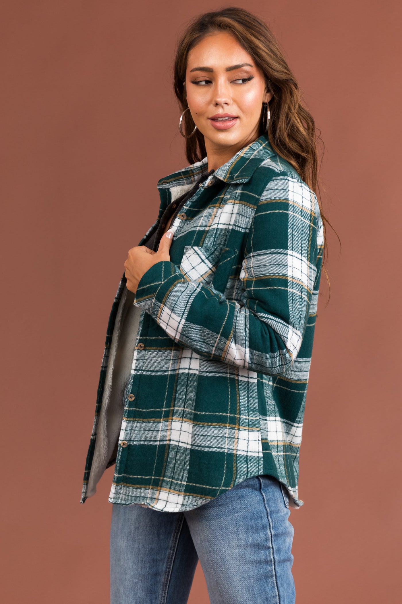 Pine Green Plaid Faux Fur Lined Shirt Jacket