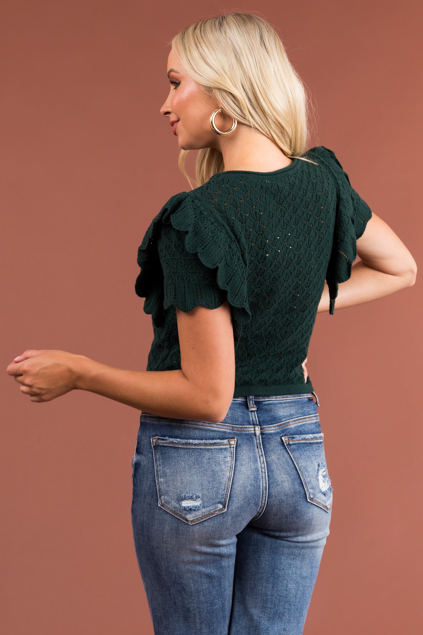 Pine Ruffle Sleeve Crochet Knit Crop Top