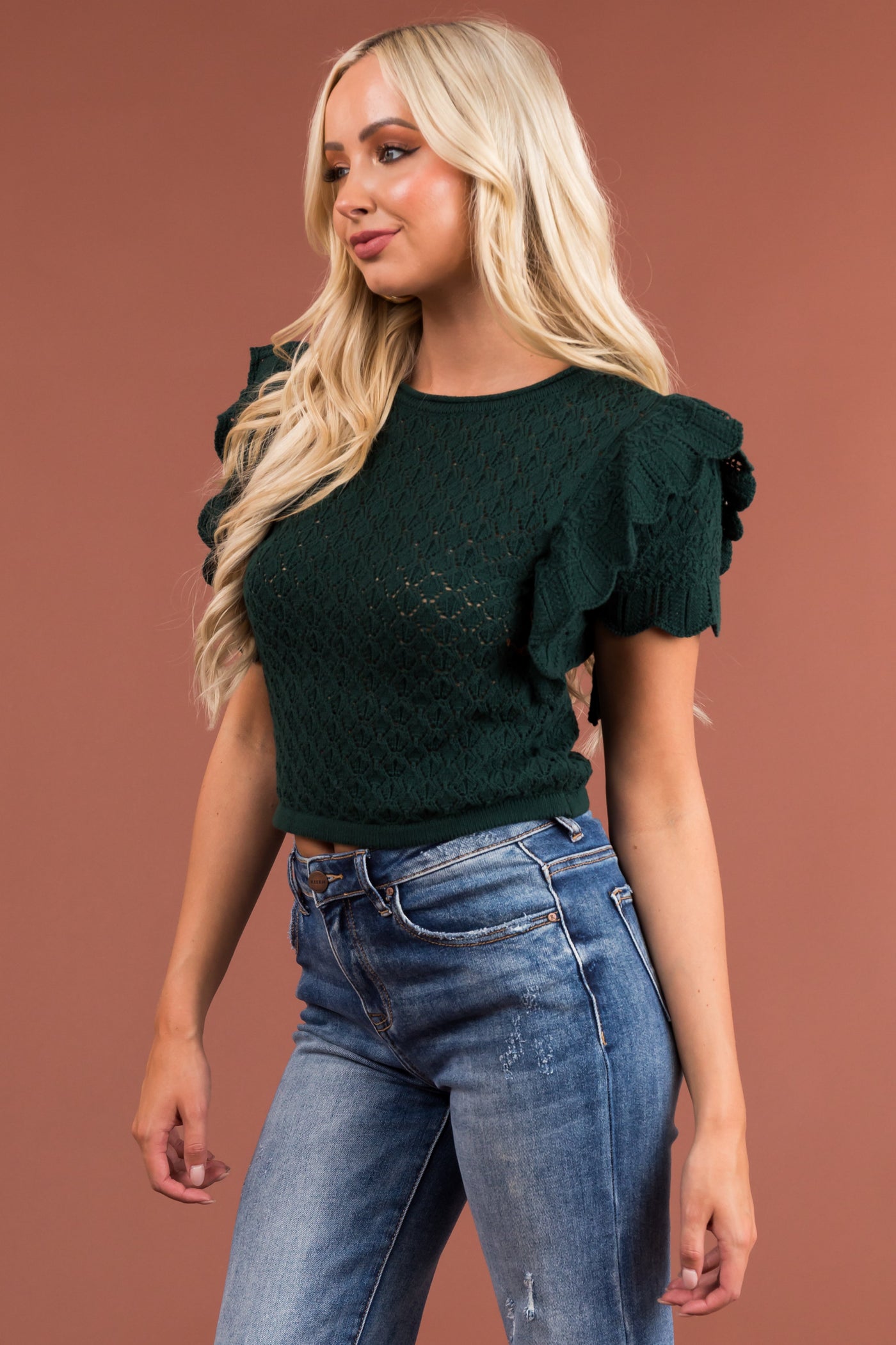 Pine Ruffle Sleeve Crochet Knit Crop Top