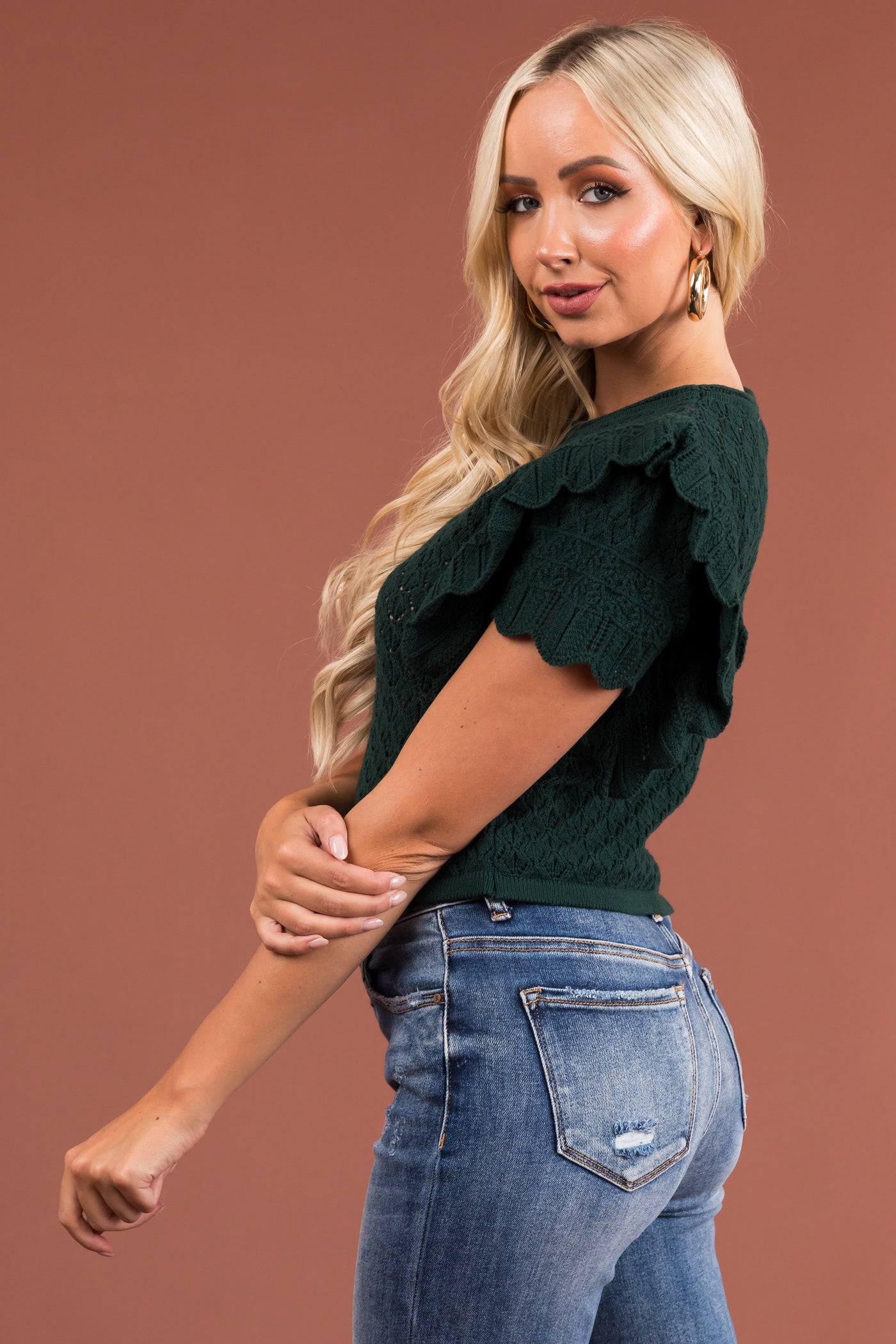 Pine Ruffle Sleeve Crochet Knit Crop Top
