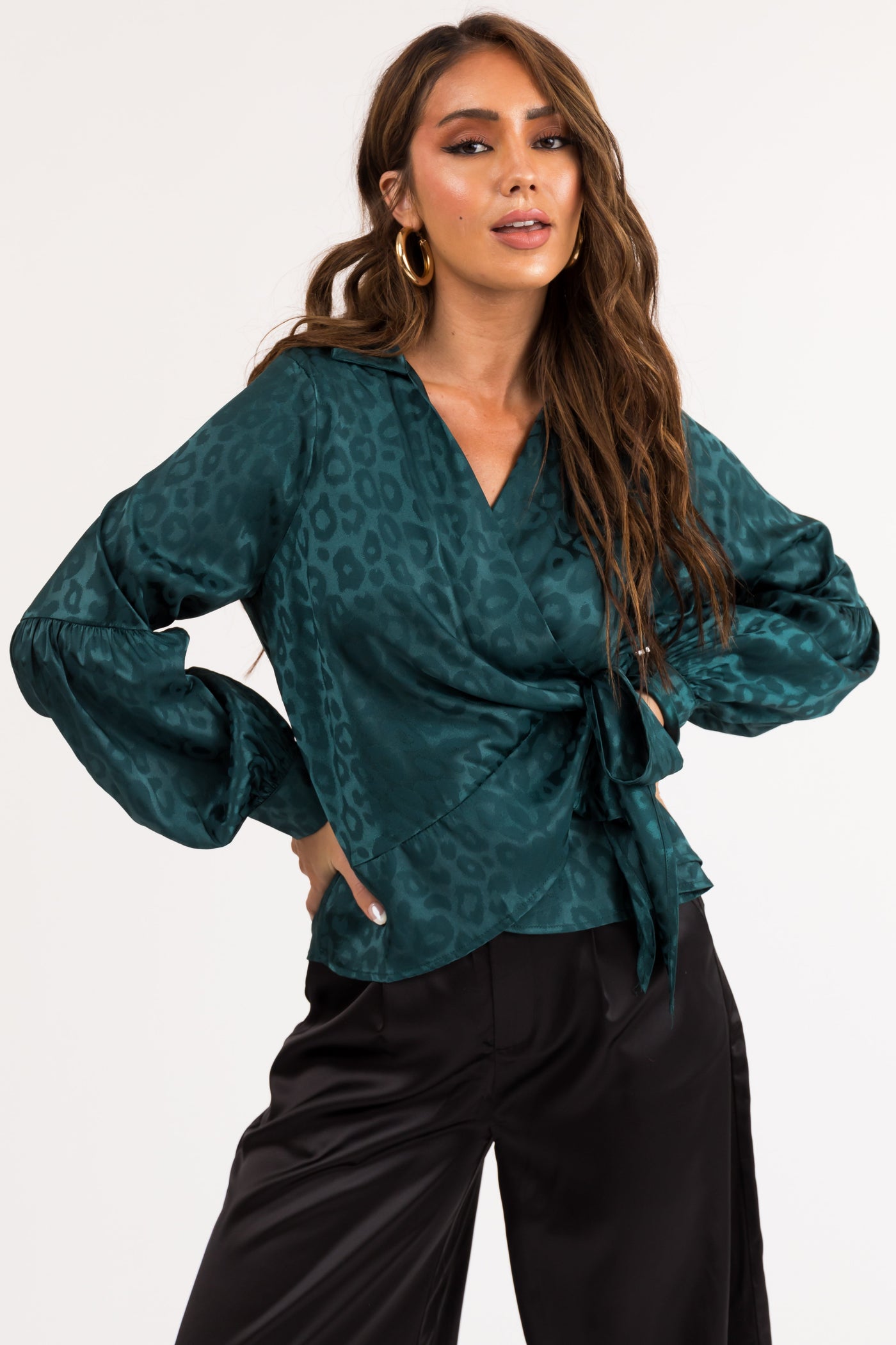 Pine Satin Leopard Print Wrap Blouse