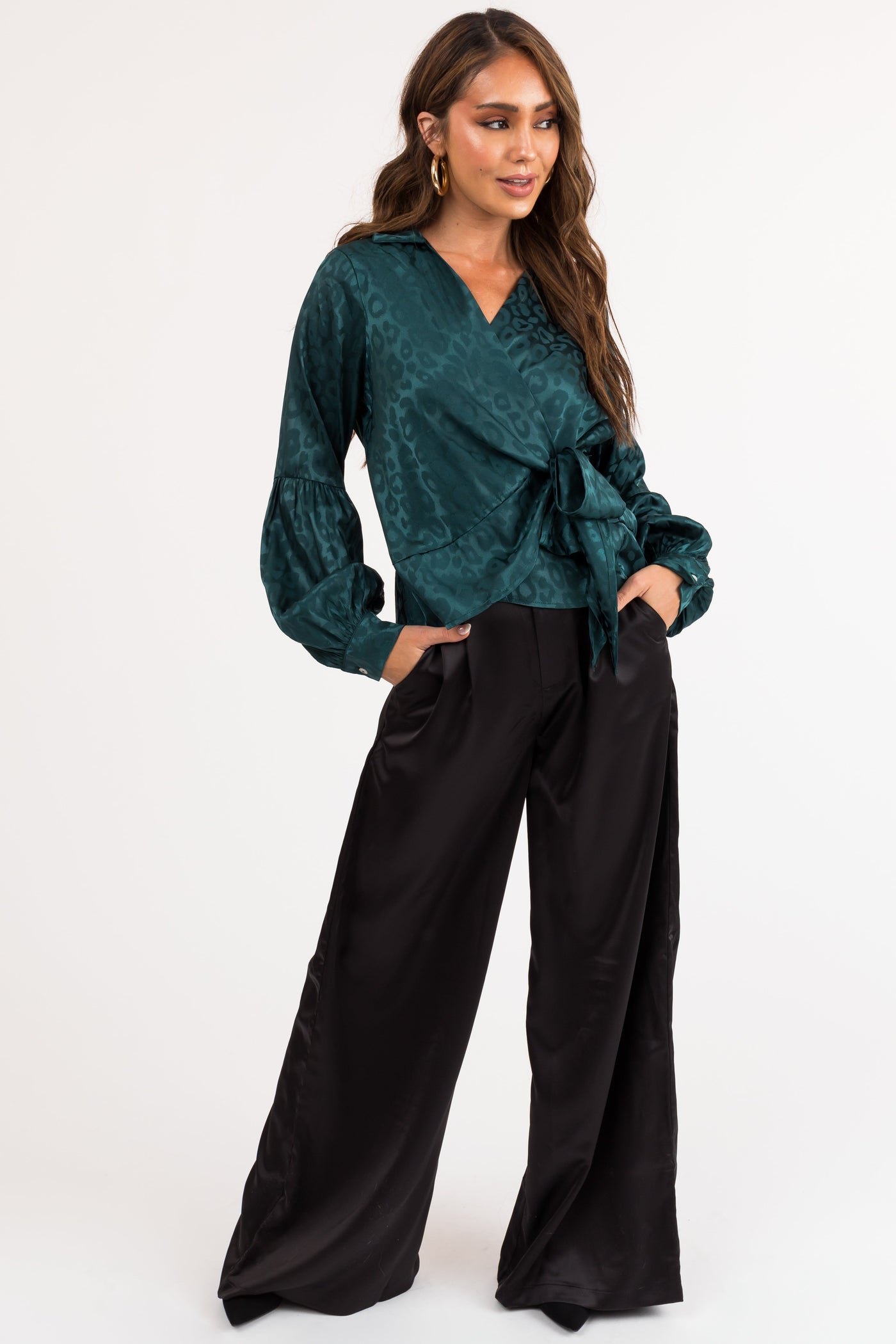 Pine Satin Leopard Print Wrap Blouse