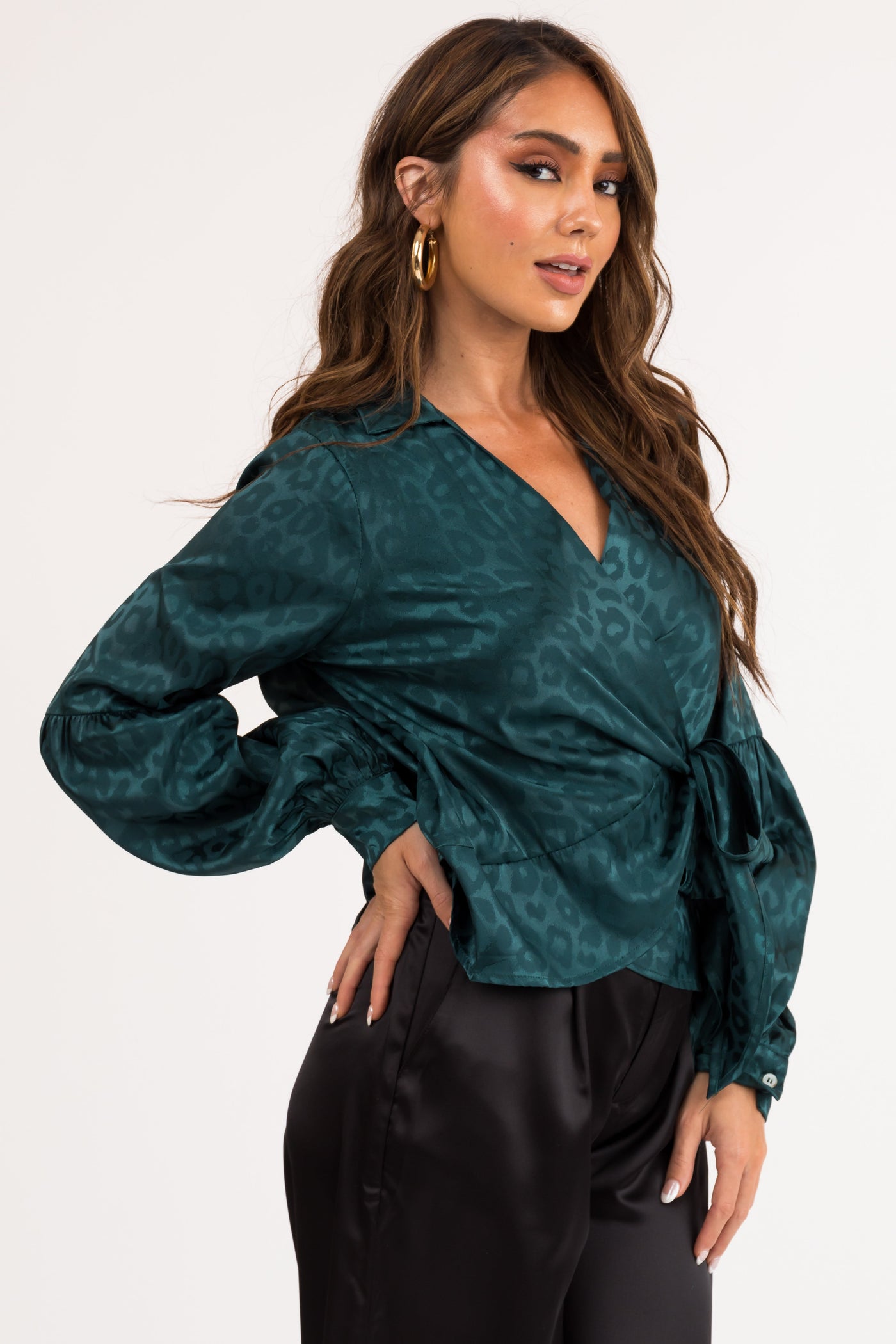 Pine Satin Leopard Print Wrap Blouse