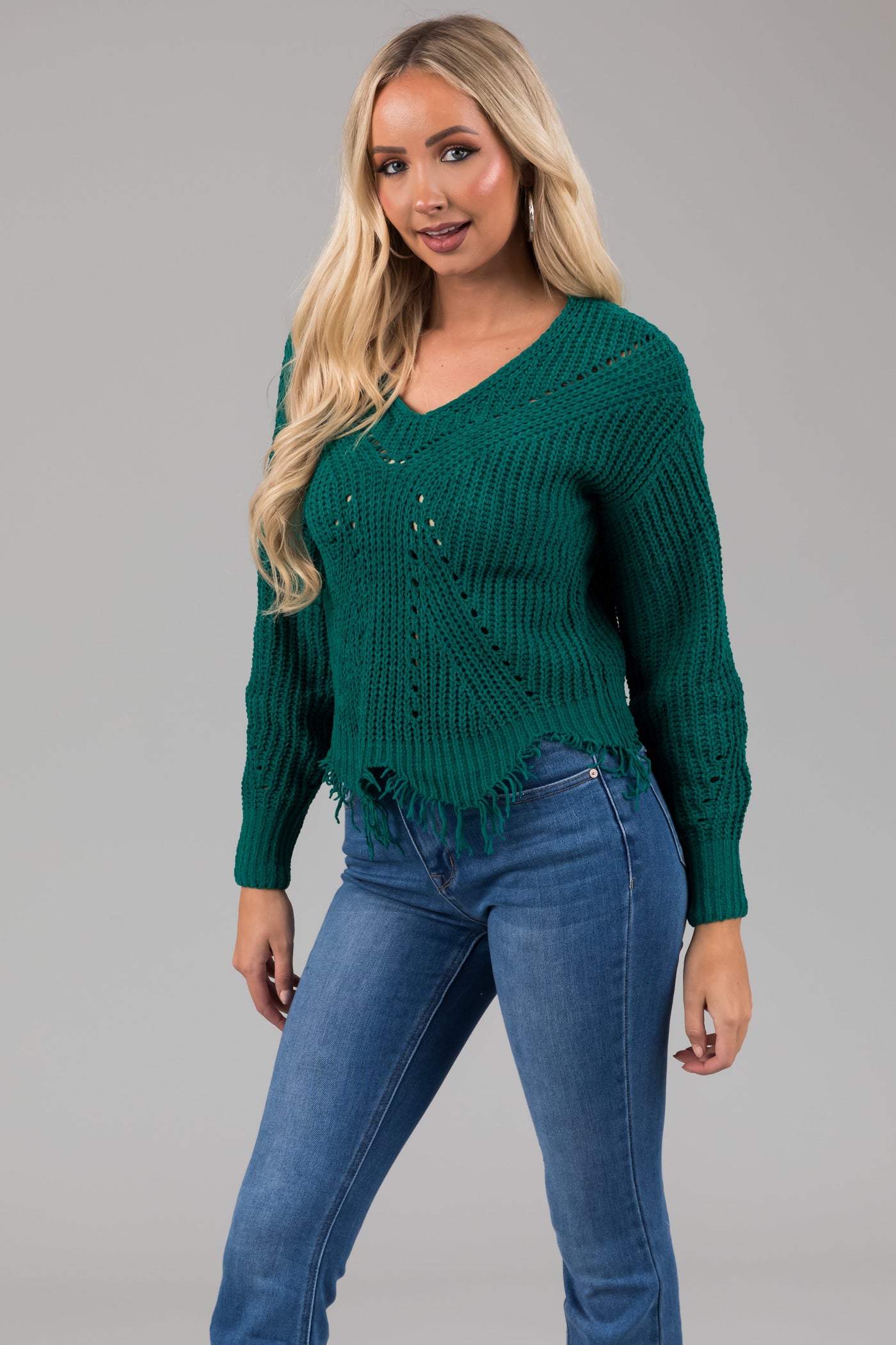 Pine Scalloped Fringe Hem Chenille Sweater