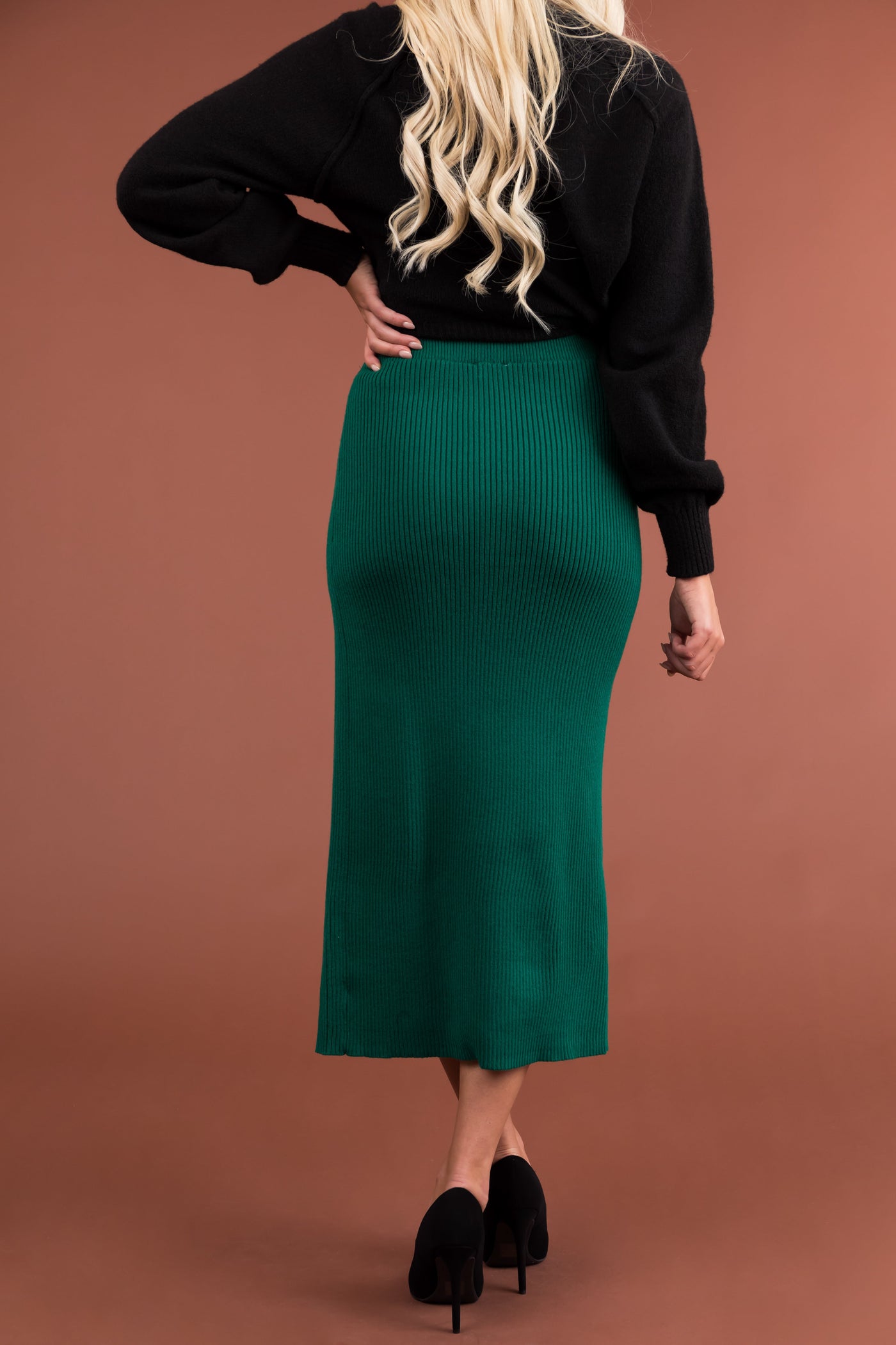 Pine Thick Ribbed Knit Slit Wrap Midi Skirt