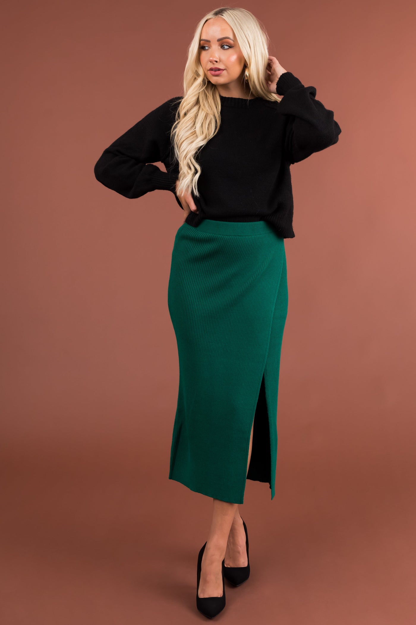 Pine Thick Ribbed Knit Slit Wrap Midi Skirt