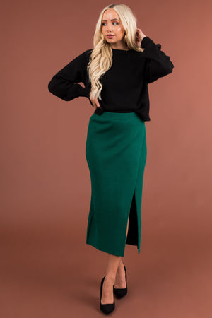 Pine Thick Ribbed Knit Slit Wrap Midi Skirt