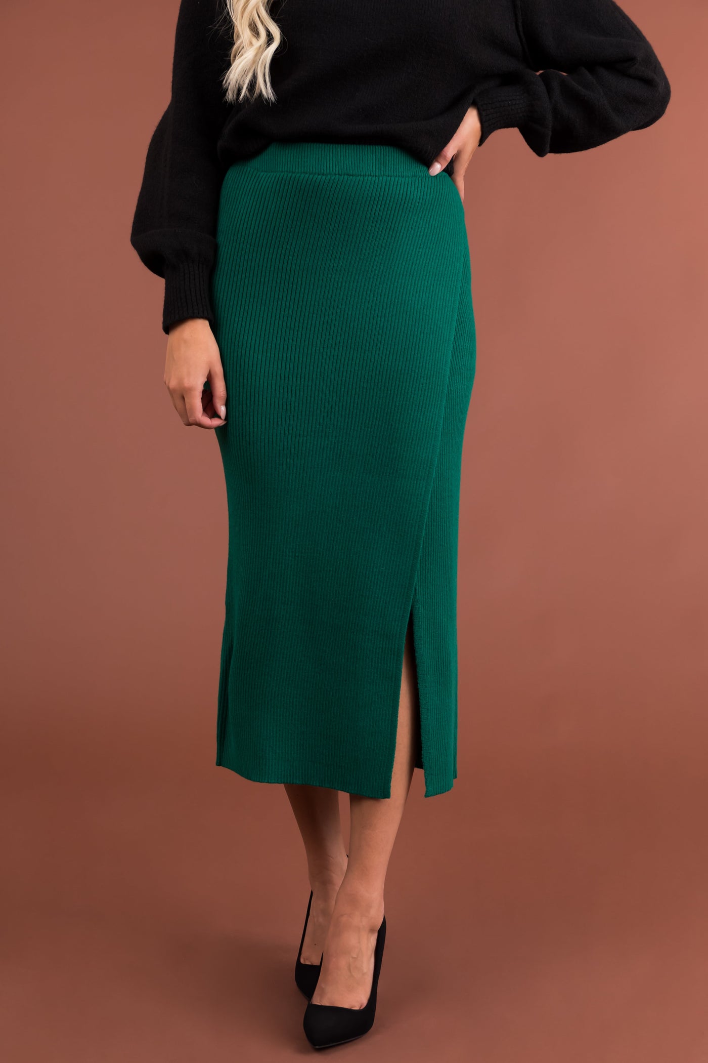 Pine Thick Ribbed Knit Slit Wrap Midi Skirt