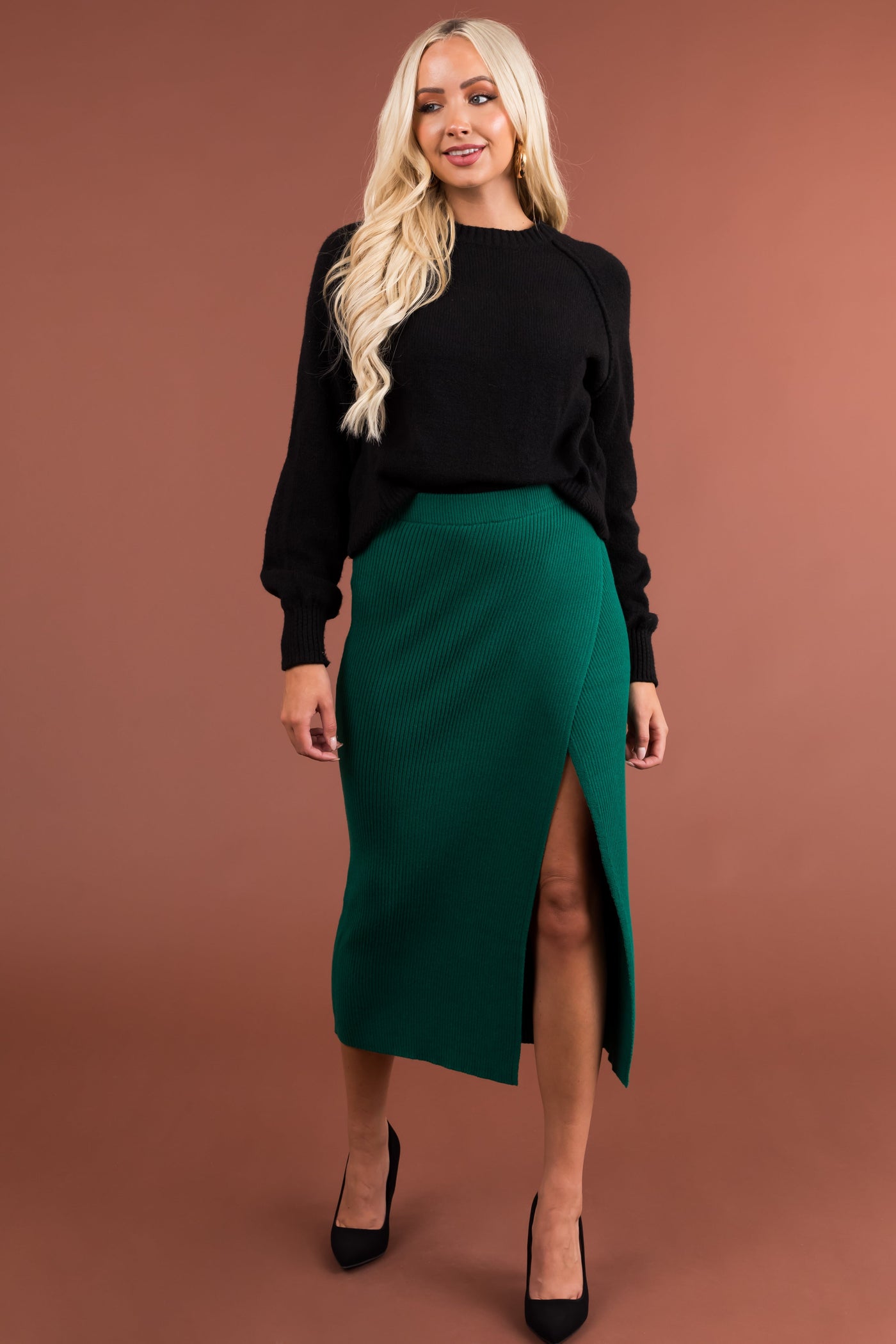 Pine Thick Ribbed Knit Slit Wrap Midi Skirt