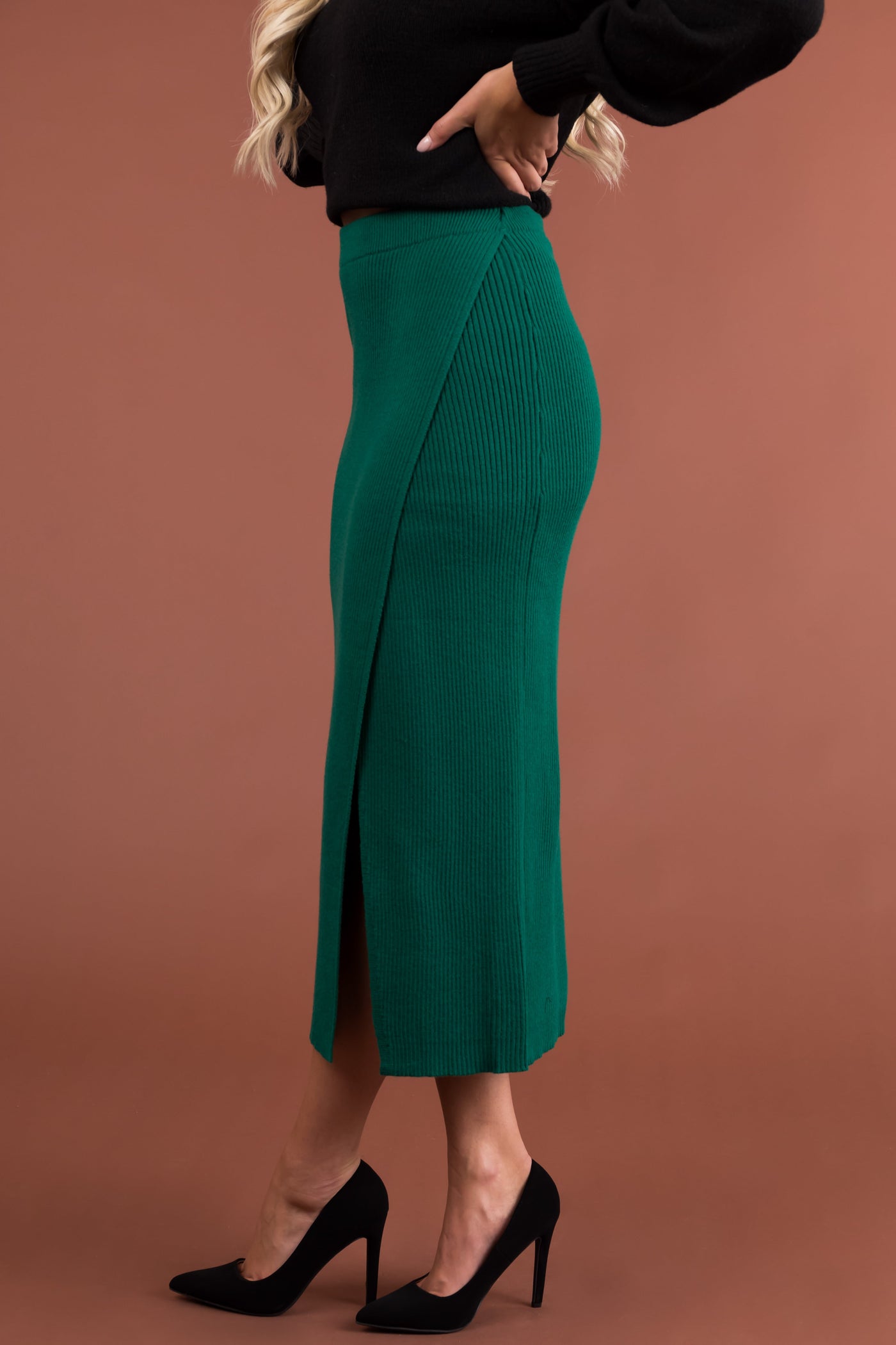 Pine Thick Ribbed Knit Slit Wrap Midi Skirt