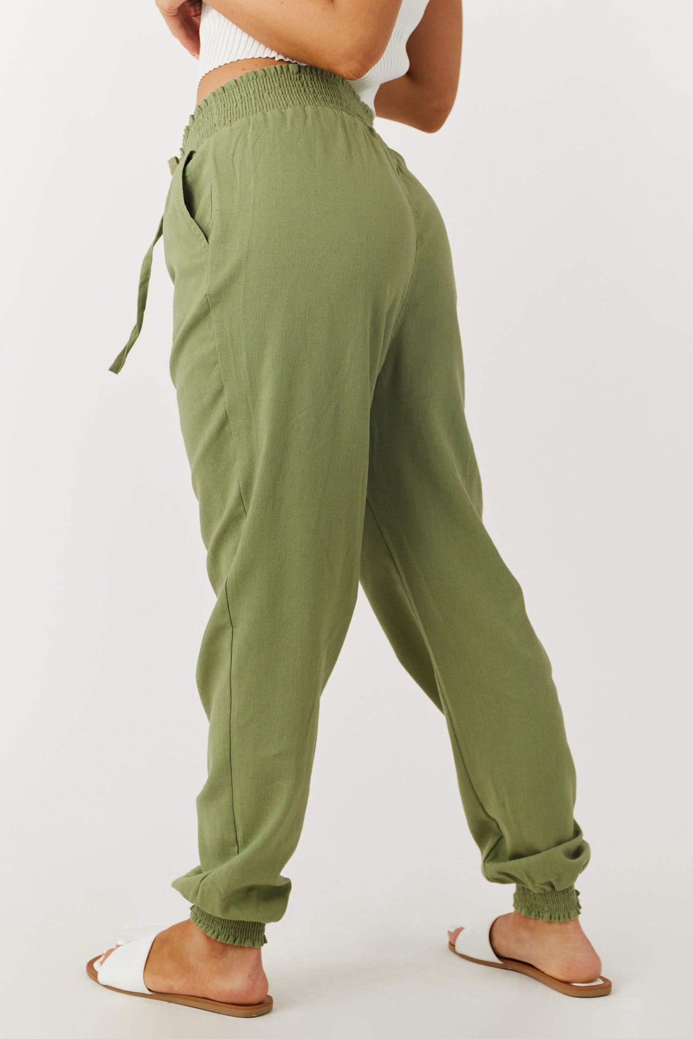 Pistachio Lightweight Smocked Waist Linen Joggers
