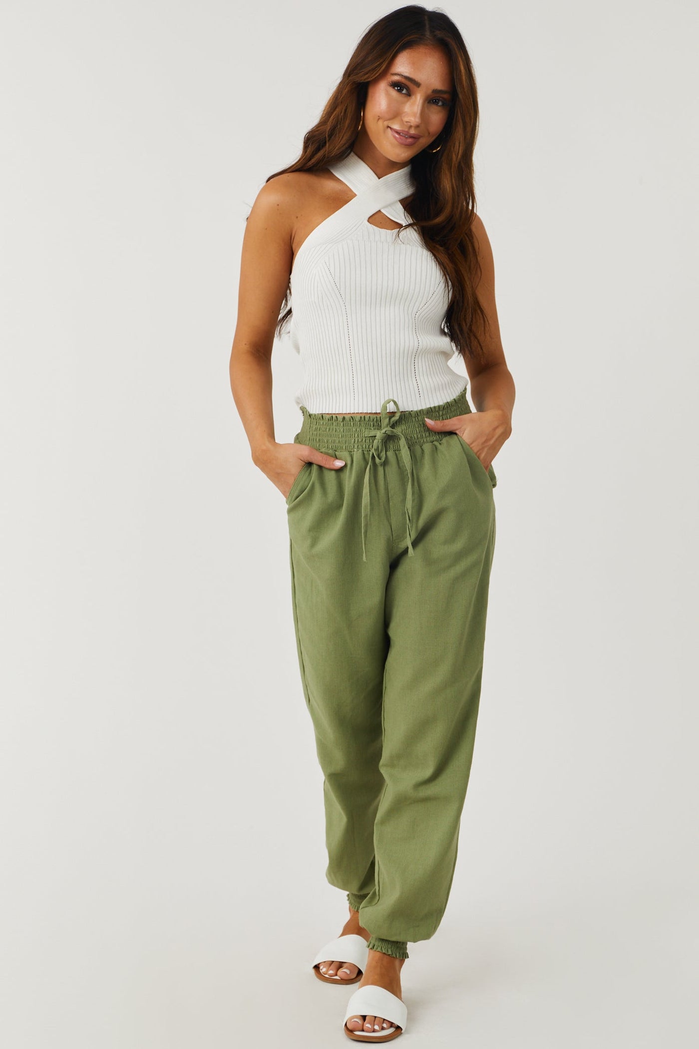 Pistachio Lightweight Smocked Waist Linen Joggers