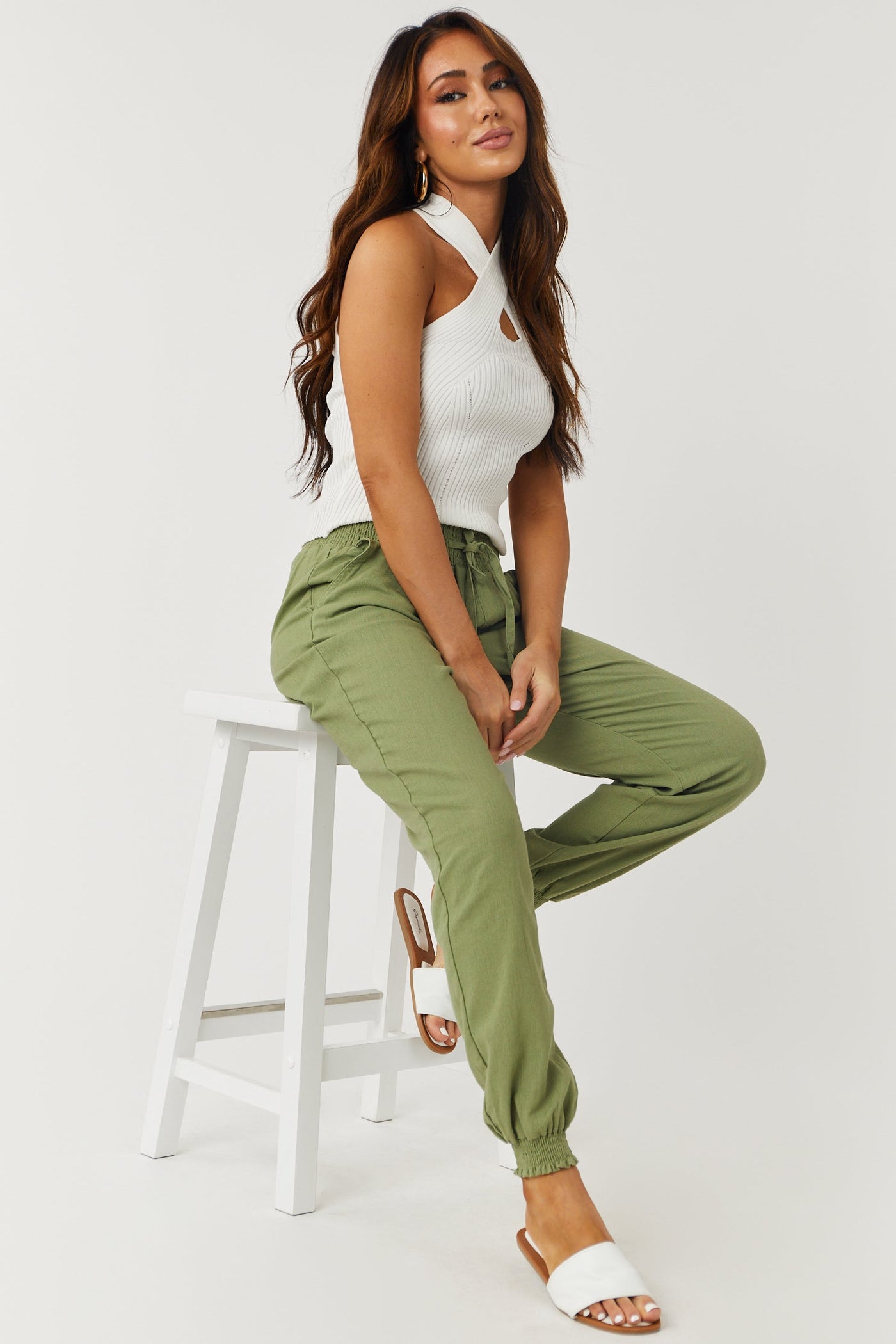 Pistachio Lightweight Smocked Waist Linen Joggers
