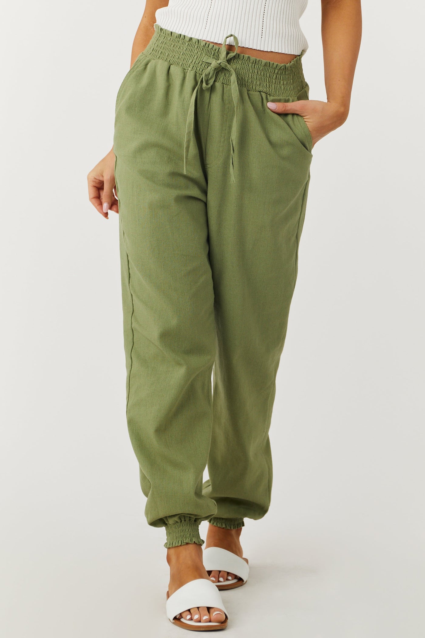 Pistachio Lightweight Smocked Waist Linen Joggers