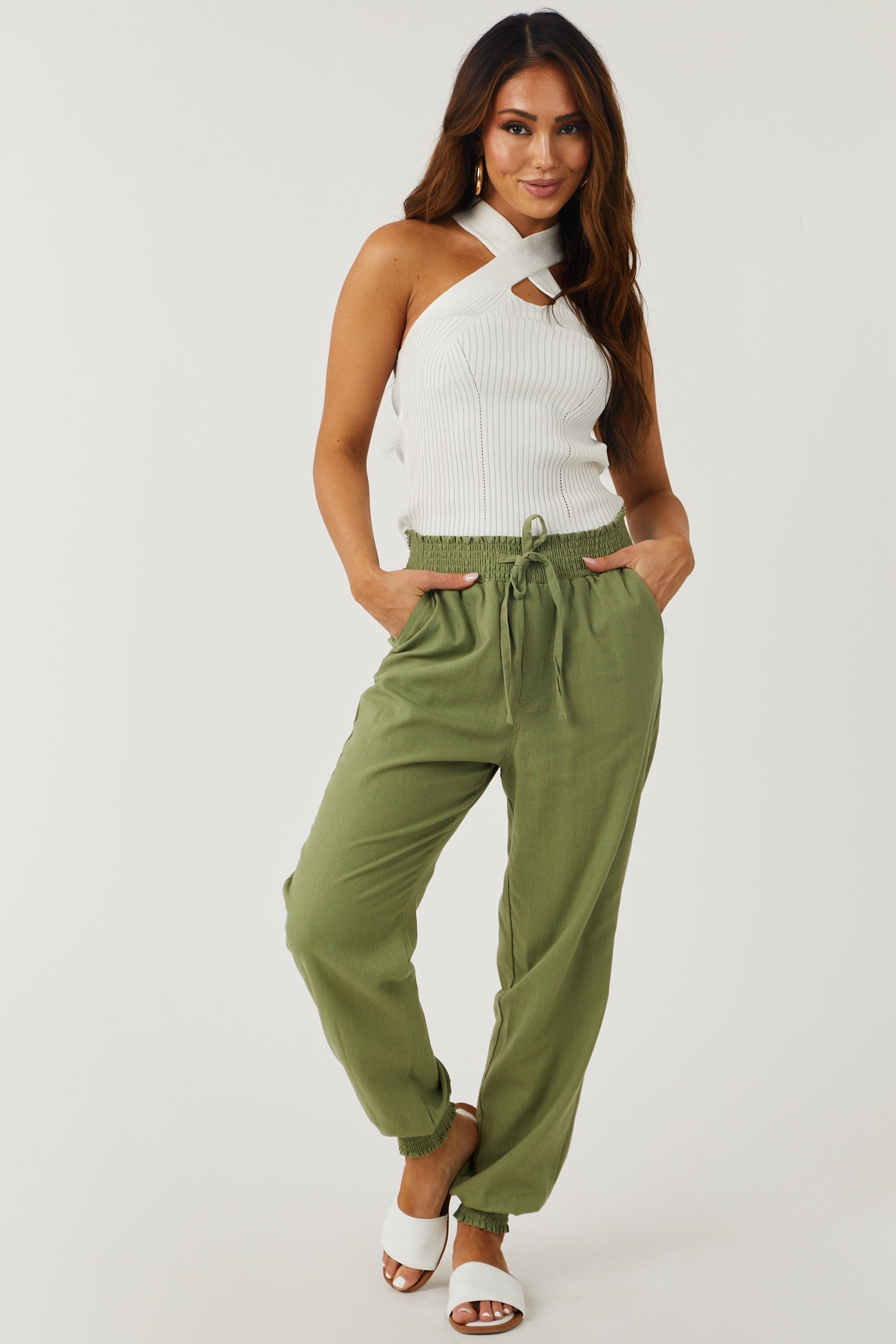 Pistachio Lightweight Smocked Waist Linen Joggers