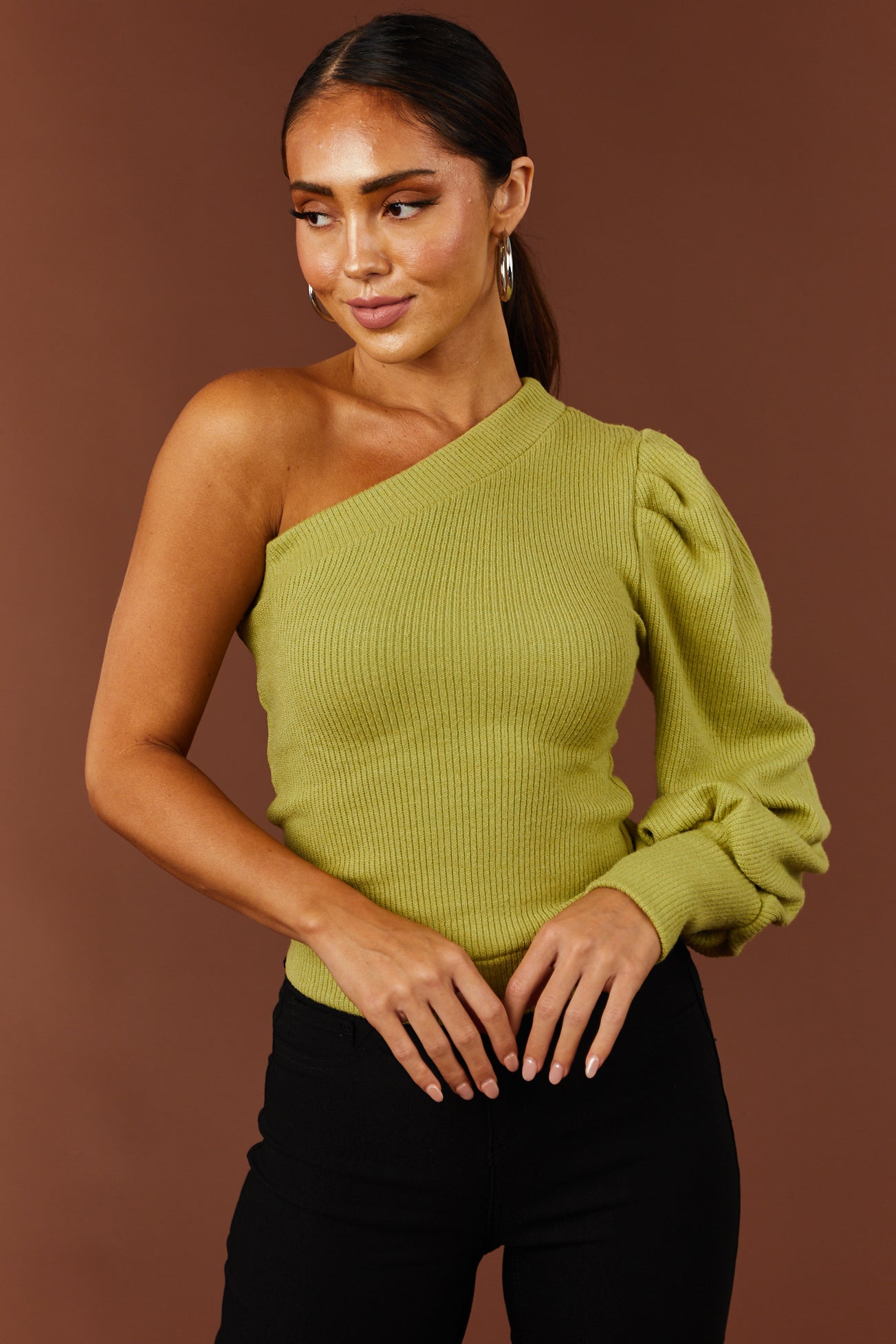 Pistachio One Shoulder Puff Sleeve Knit Top