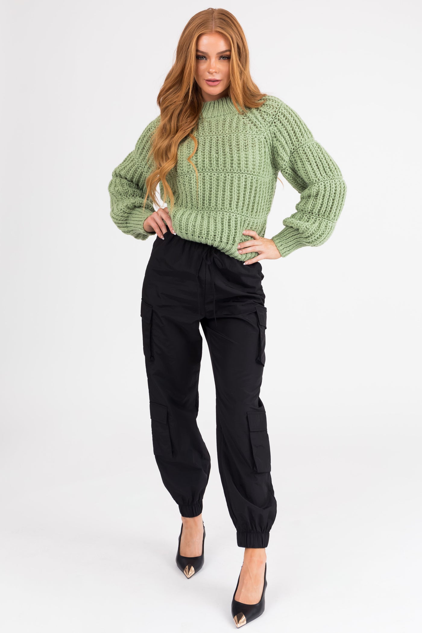 Pistachio Thick Crochet Knit Tiered Sweater